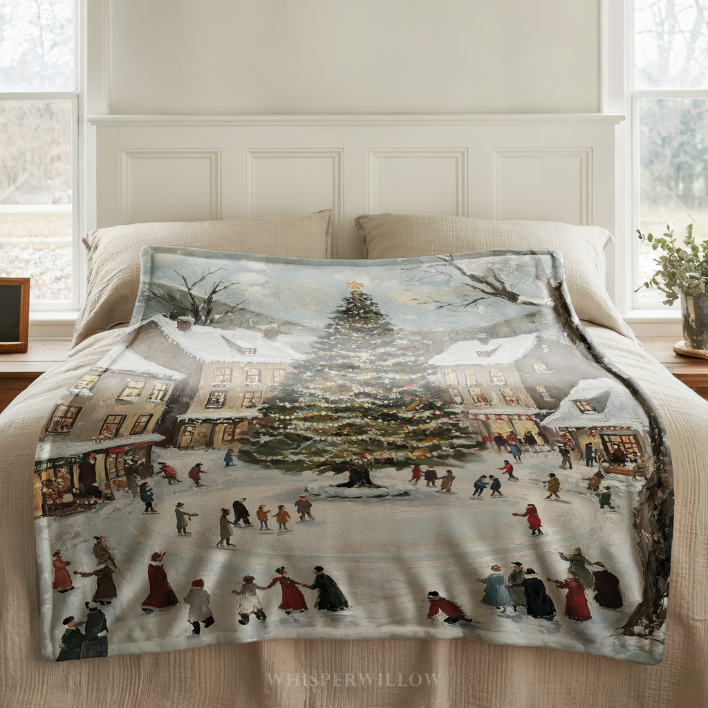 Snowy Village Christmas Throw Blanket - Winter Tree Ice Skating Gift