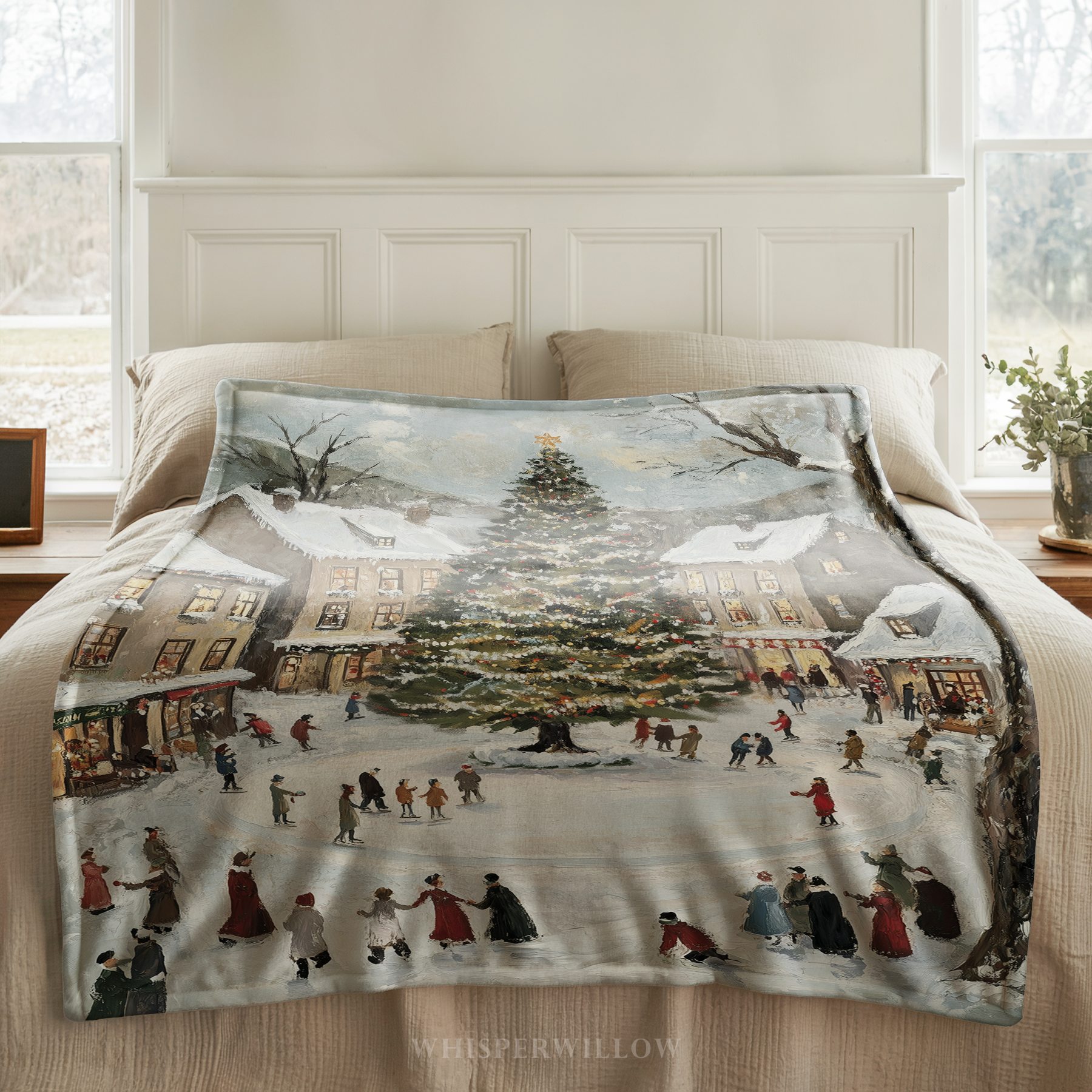 Snowy Village Christmas Throw Blanket - Winter Tree Ice Skating Gift