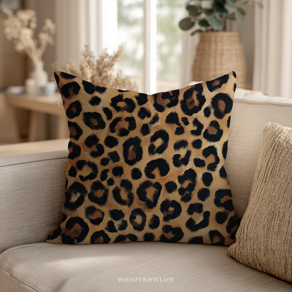 Leopard Print Throw Pillow - Plush Animal Pattern Decorative Cushion by WhisperWillow Studios Home Decor Gift