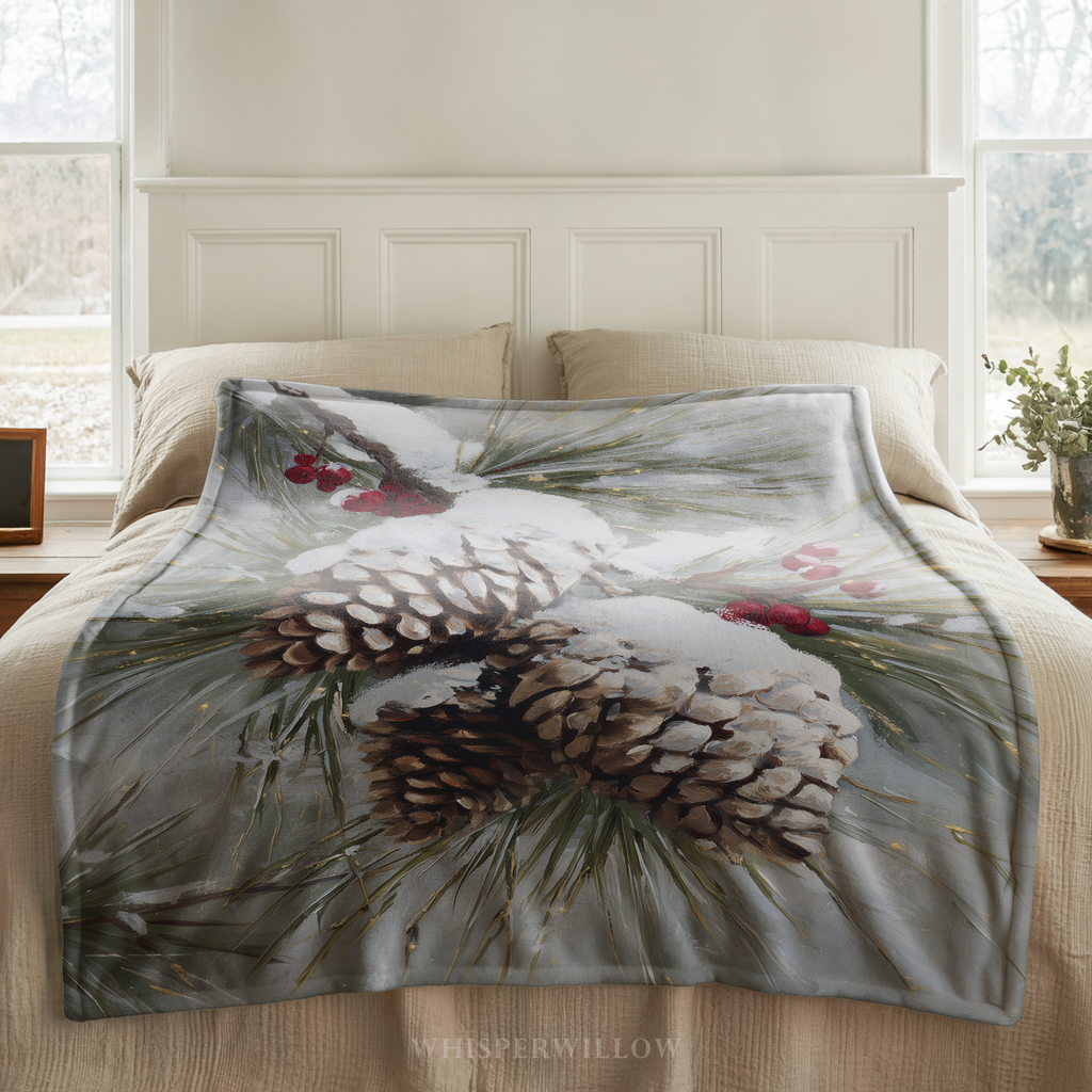 Snowy Pinecone Throw Blanket - Evergreen Red Berry Winter Gift