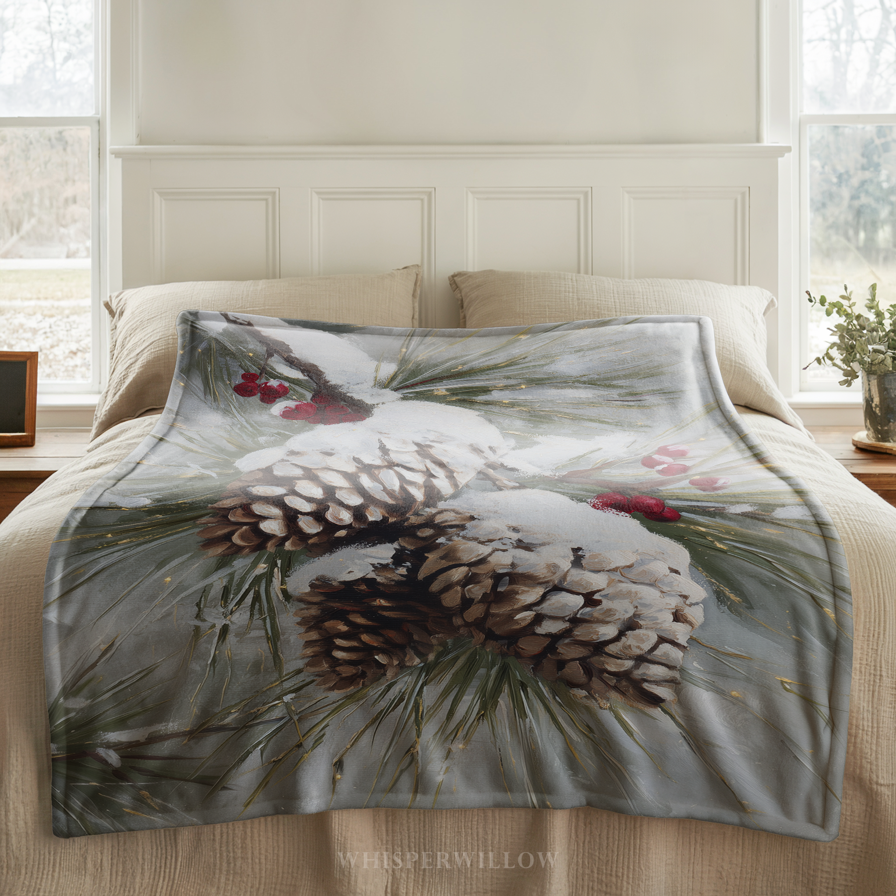 Snowy Pinecone Throw Blanket - Evergreen Red Berry Winter Gift