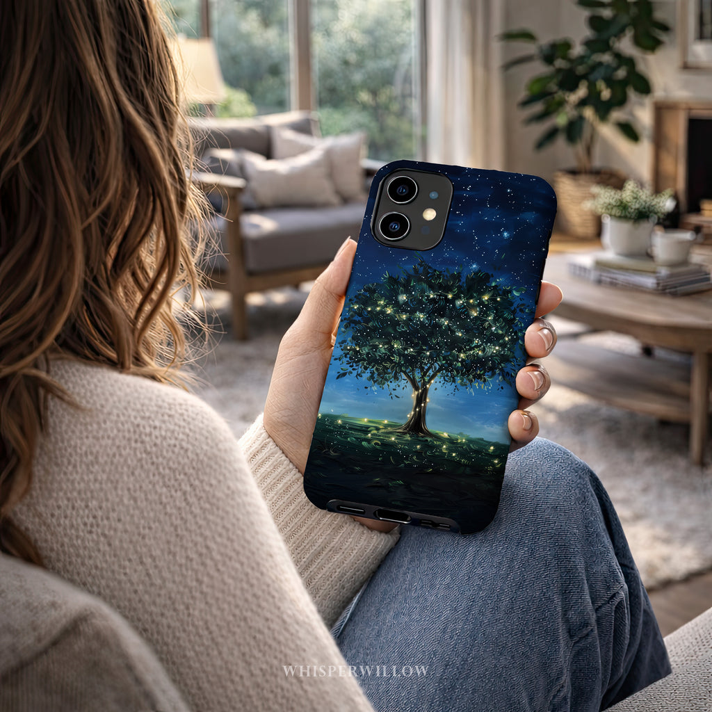Mystical Tree Phone Case | Compatible with MagSafe Charging | Starry Night Sky Aesthetic | Glowing Nature Art | Celestial Fireflies