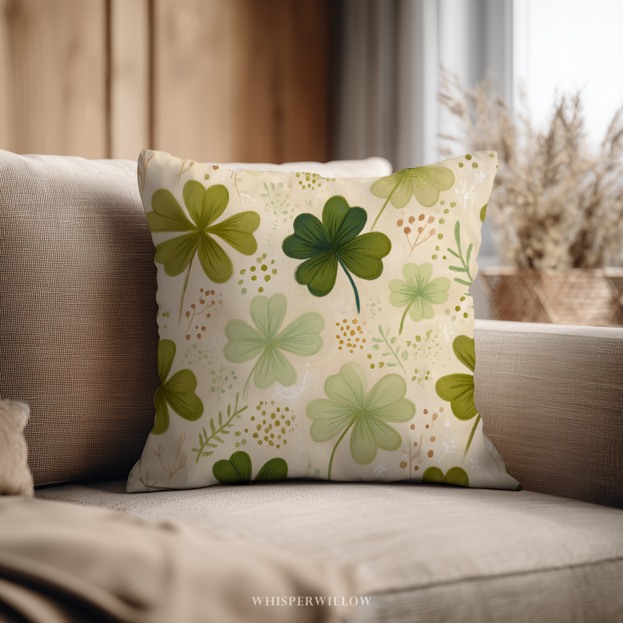 St Patrick Clover Throw Pillow, Green Shamrock Floral Botanical Design, Spring Cottage Decor Cushion, Gift for Kids and Adults