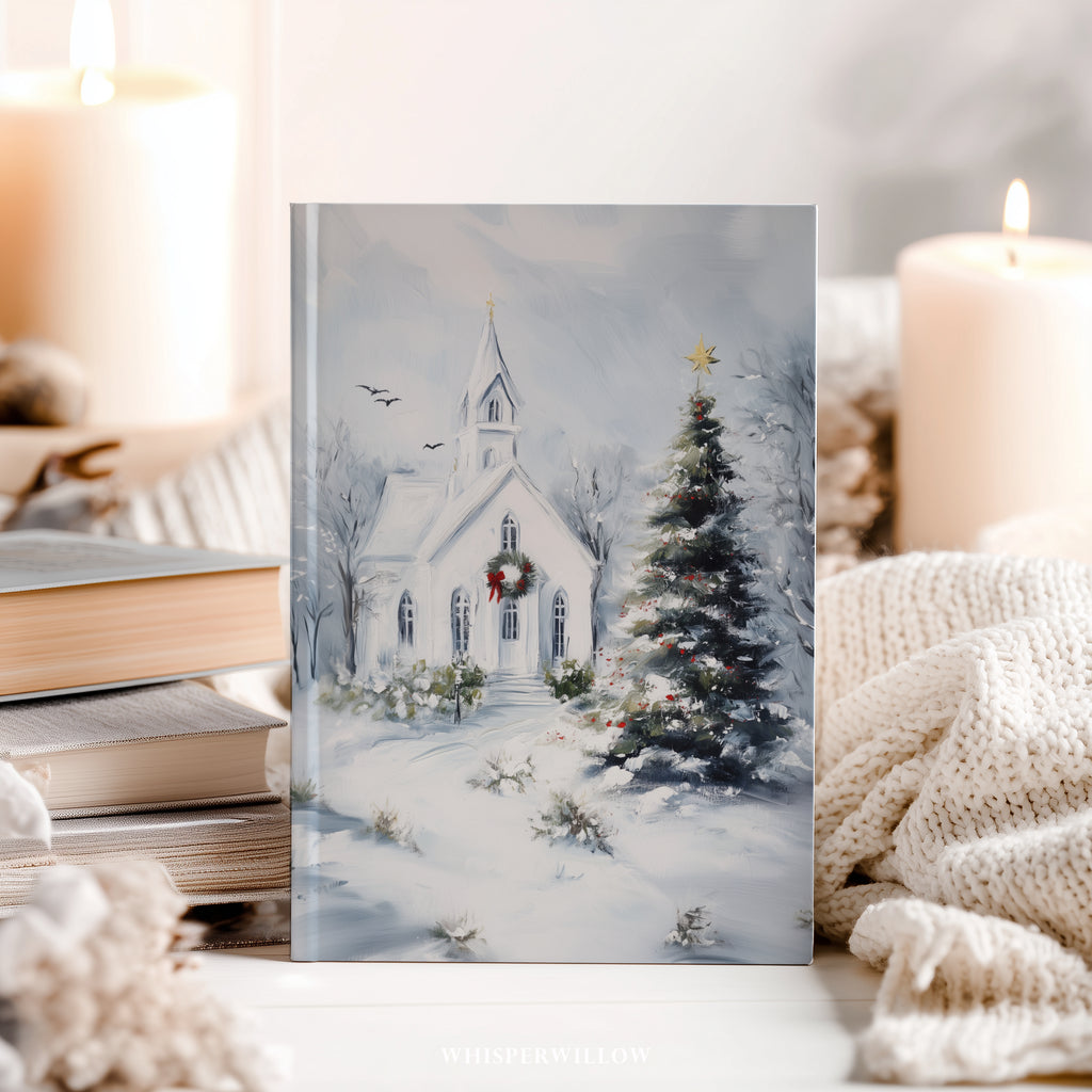 Winter Church Hardcover Journal - Christmas Tree Art, Christian Holiday, Snowy Landscape Gift