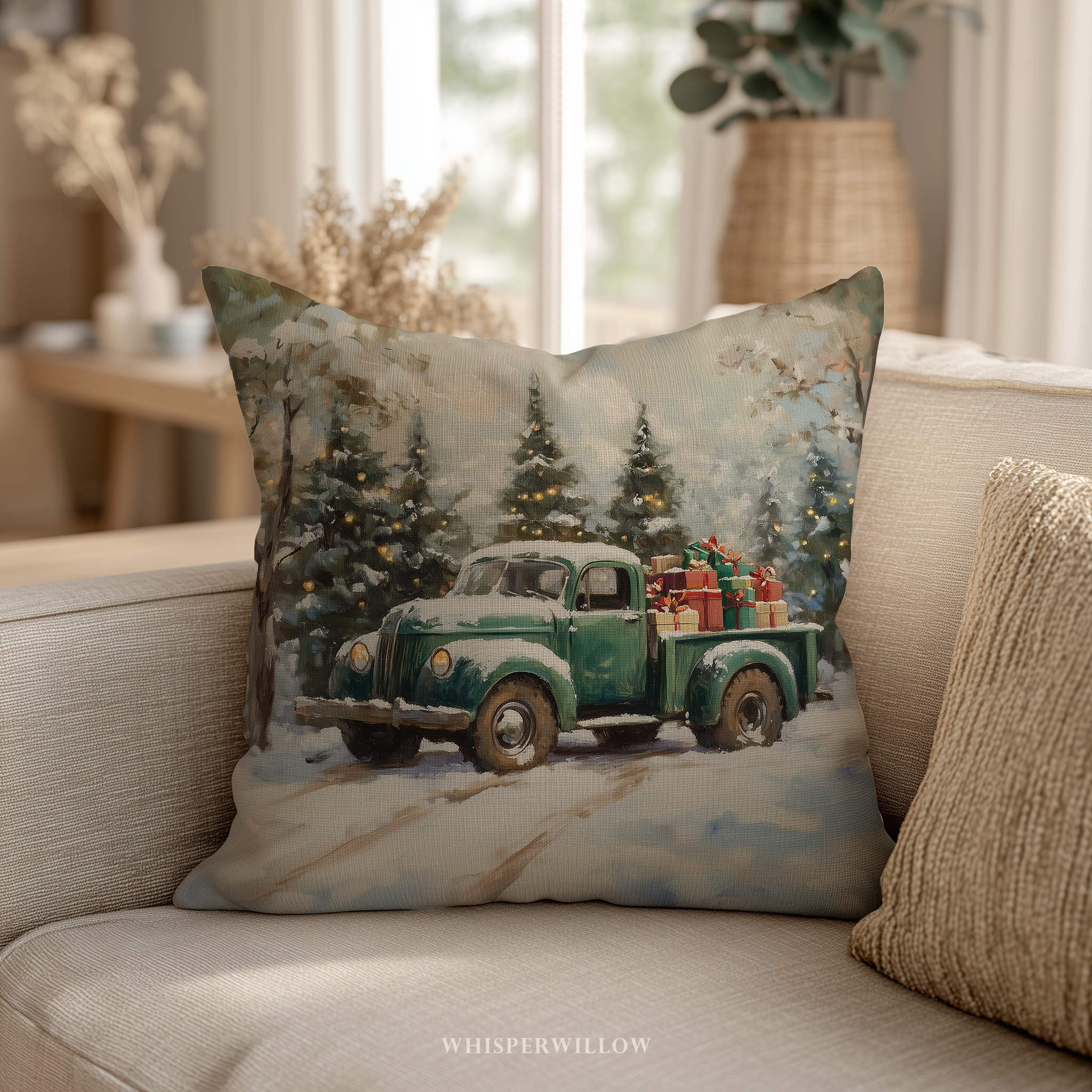 Vintage-Weihnachts-LKW-Zierkissen – Kissen mit verschneitem Waldmotiv