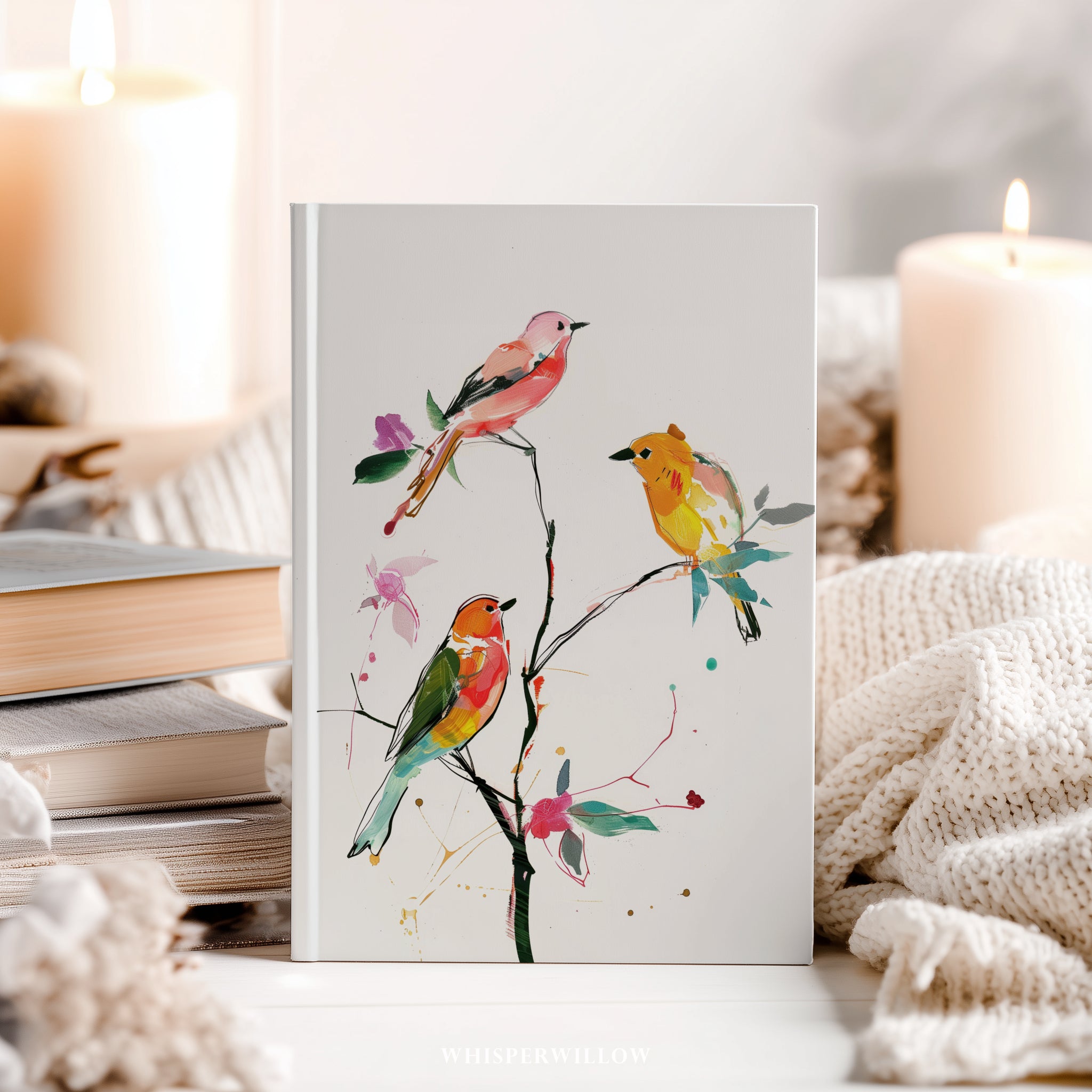 Buntes Notizbuch mit Singvögeln (Hardcover) – Botanischer Zweig, Vogelmotiv, Geschenkidee