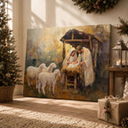 Weihnachtskrippe als Leinwandbild – Heilige Familie, Jesuskind, Krippe mit Schafen