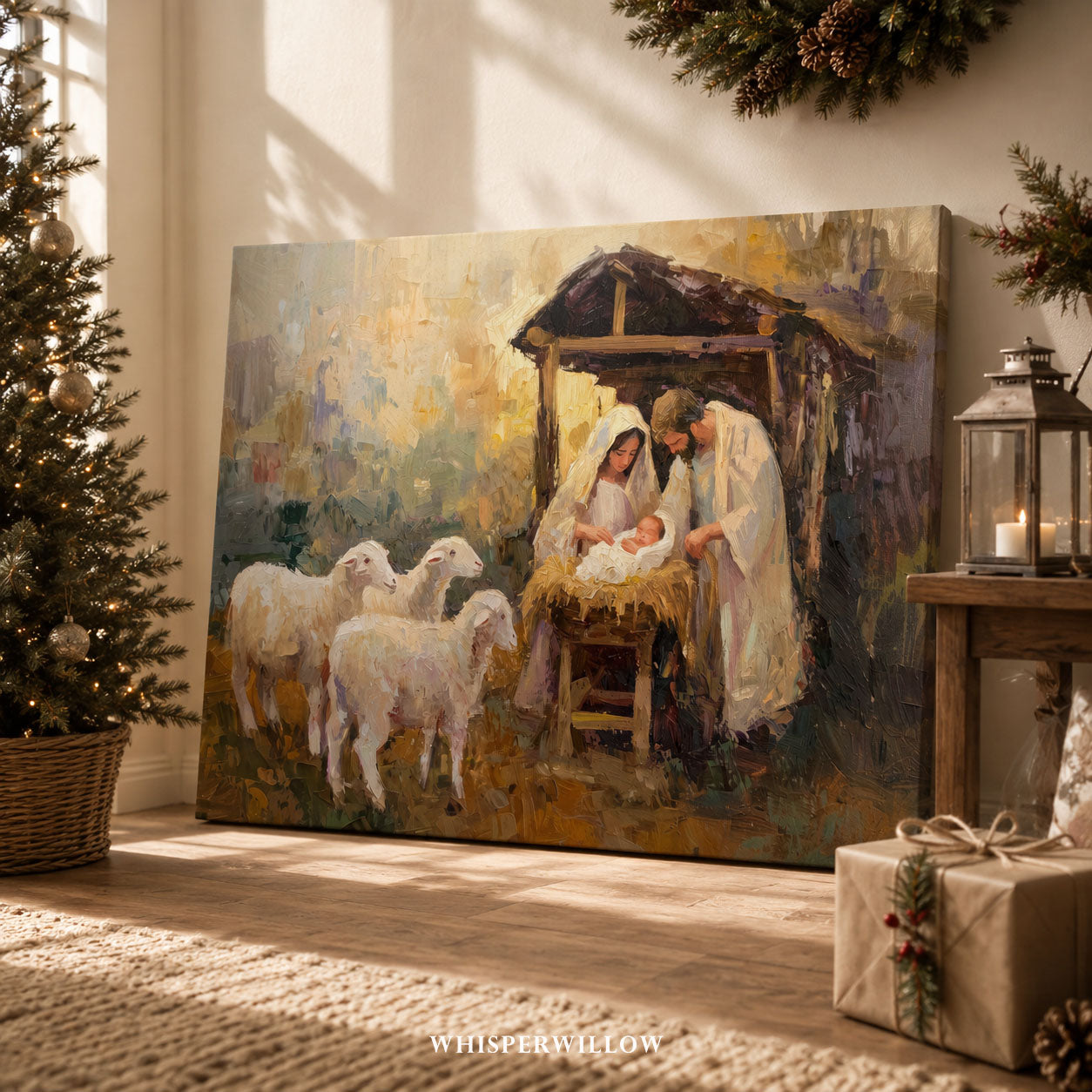 Christmas Nativity Scene Canvas Wall Art - Holy Family Baby Jesus Manger with Sheep