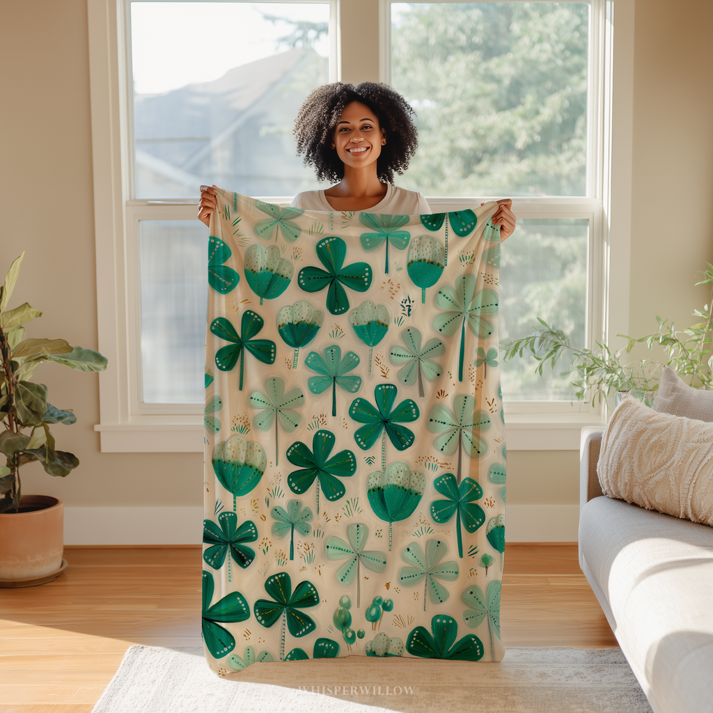 St Patrick Shamrock Clover Throw Blanket, Teal Green Floral Design, Lucky Irish Pattern, Cozy Plush Gift for Kids and Adults by WhisperWillow Studios Home Decor