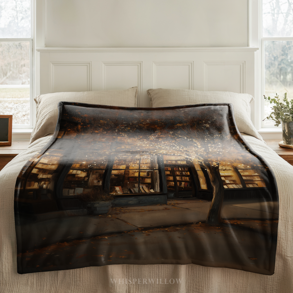Cozy Autumn Bookstore Throw Blanket - Warm Lights Fall Tree Gift