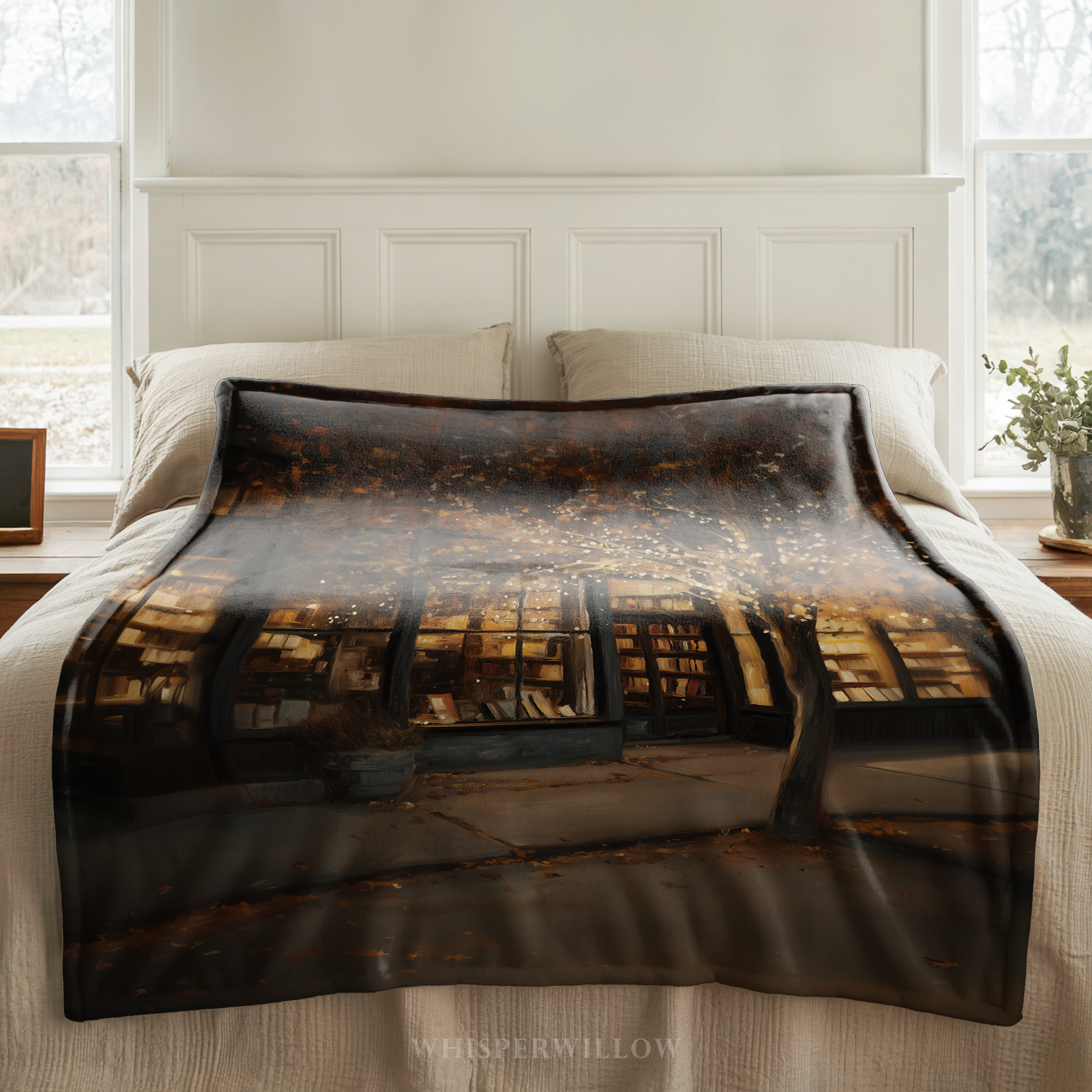 Cozy Autumn Bookstore Throw Blanket - Warm Lights Fall Tree Gift