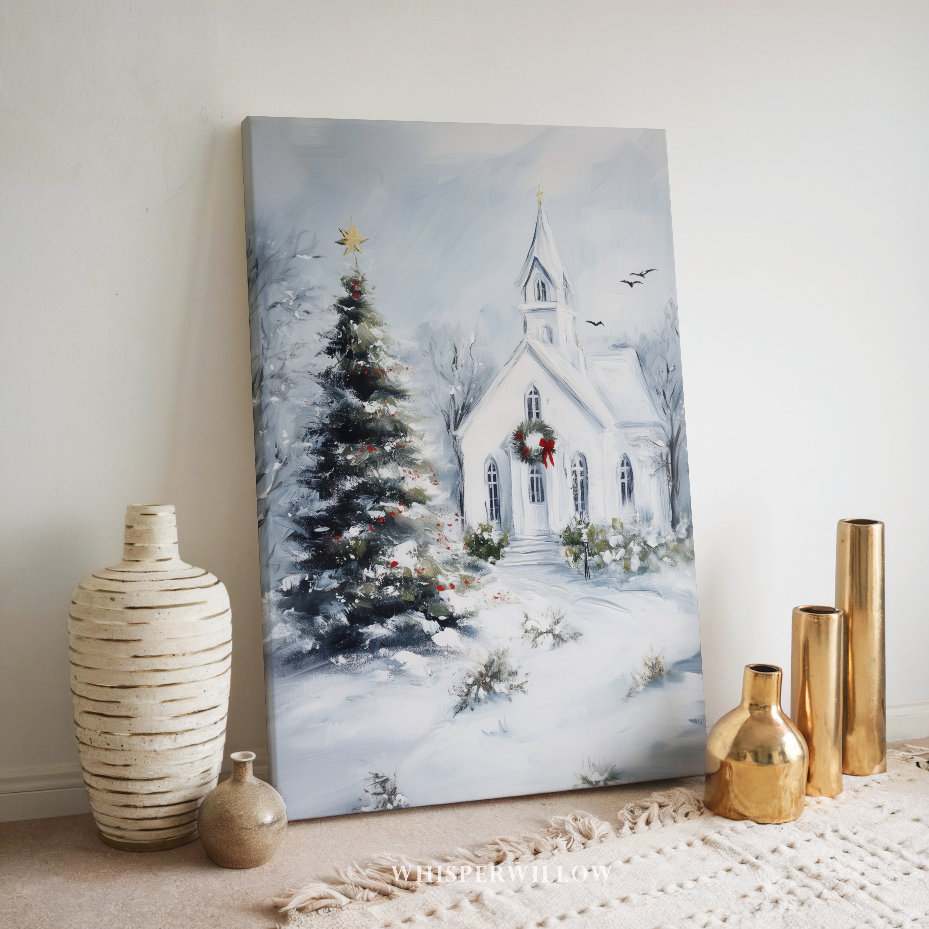 Weihnachtliches Leinwandbild | Winterliche Kirchenszene mit Schneebedeckt | Christliches Deko-Geschenk für Zuhause