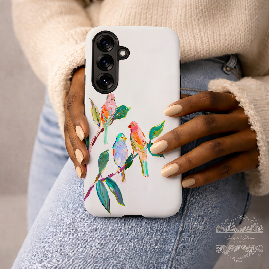 Colorful Bird Branch Art Tough Case | Compatible with Samsung Galaxy Android Phones | Dual Layer Shockproof Protective Cover | Matte Finish