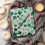 St Patrick Shamrock Hardcover Journal, Lucky Irish Botanical Clover Design, Green Teal Folk Art Notebook, 8x5.75 Lined Pages Gift