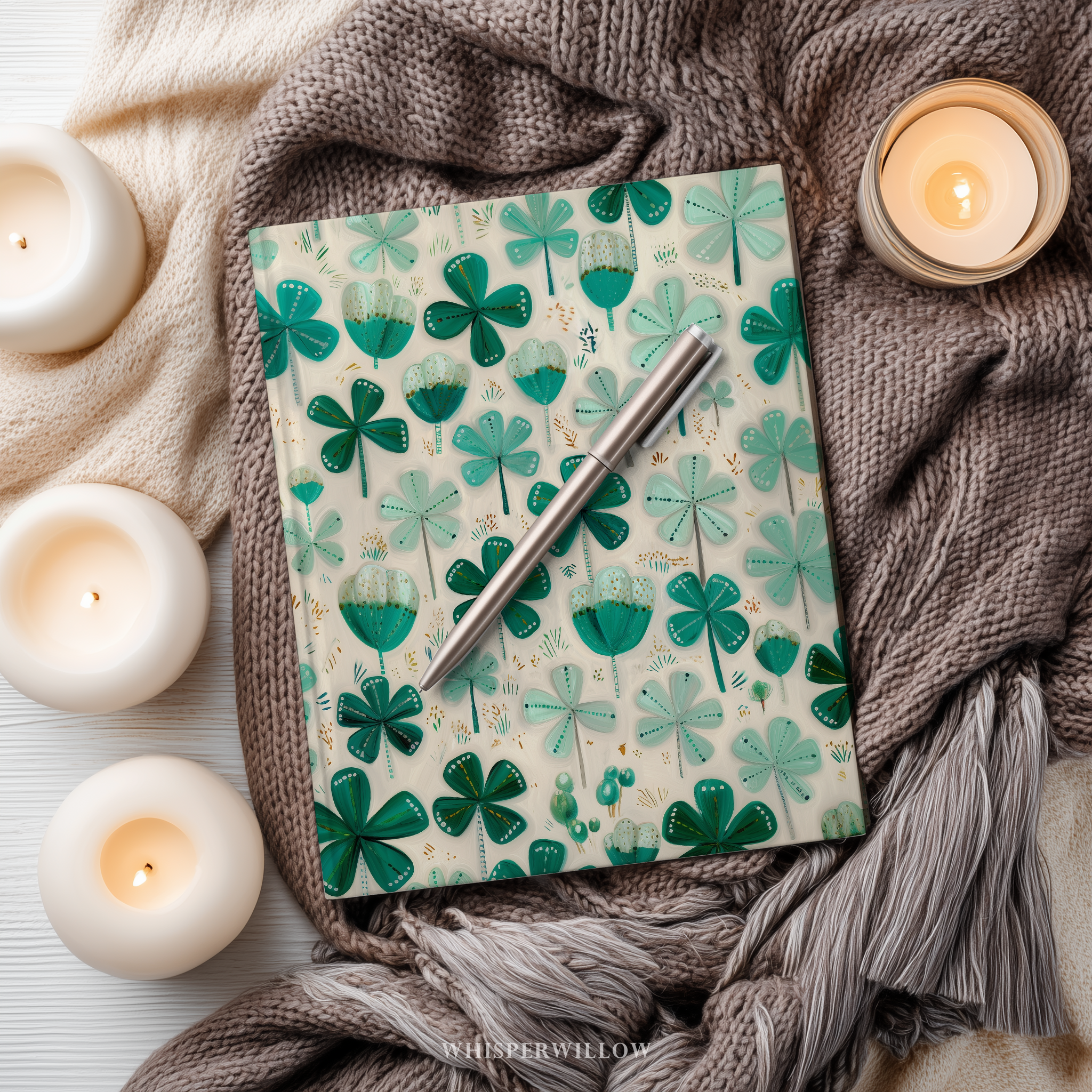 St Patrick Shamrock Hardcover Journal, Lucky Irish Botanical Clover Design, Green Teal Folk Art Notebook, 8x5.75 Lined Pages Gift