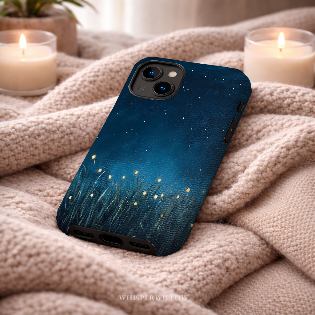 Firefly Night Sky Phone Case | Compatible with iPhone | Dual Layer Protective Cover | Dark Blue Nature Stars Lightning Bugs