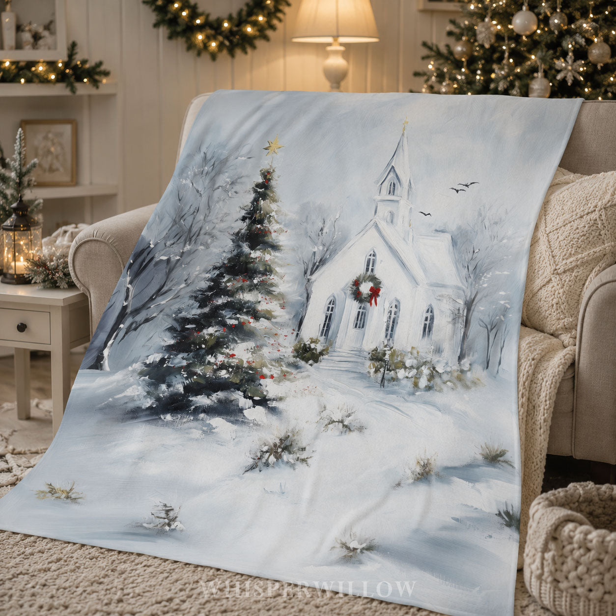 Christmas Church Plush Throw Blanket - Snowy Winter Wonderland Gift
