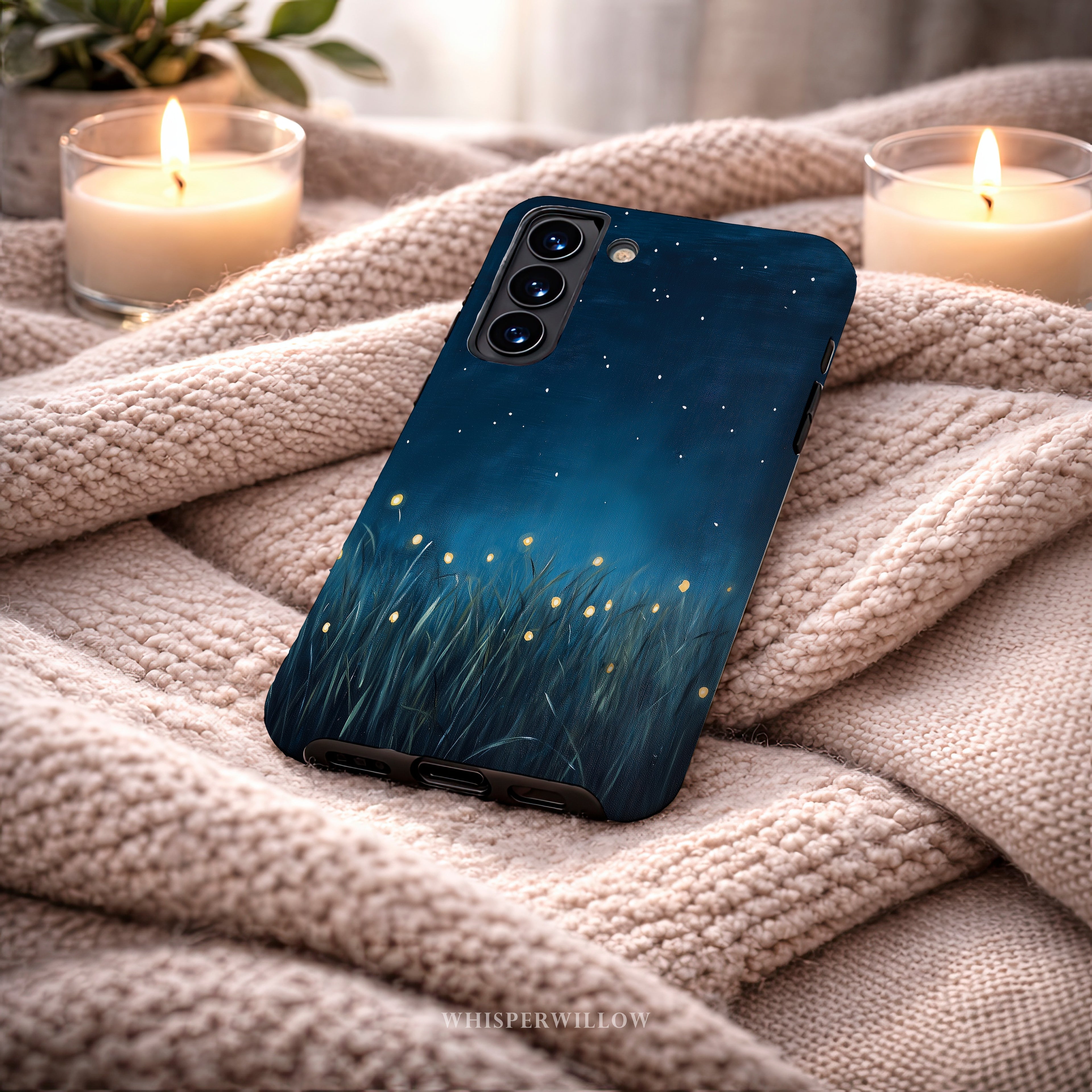 Firefly Night Sky Phone Case | Compatible with Samsung | Dual Layer Protective Cover | Dark Blue Nature Stars Lightning Bugs
