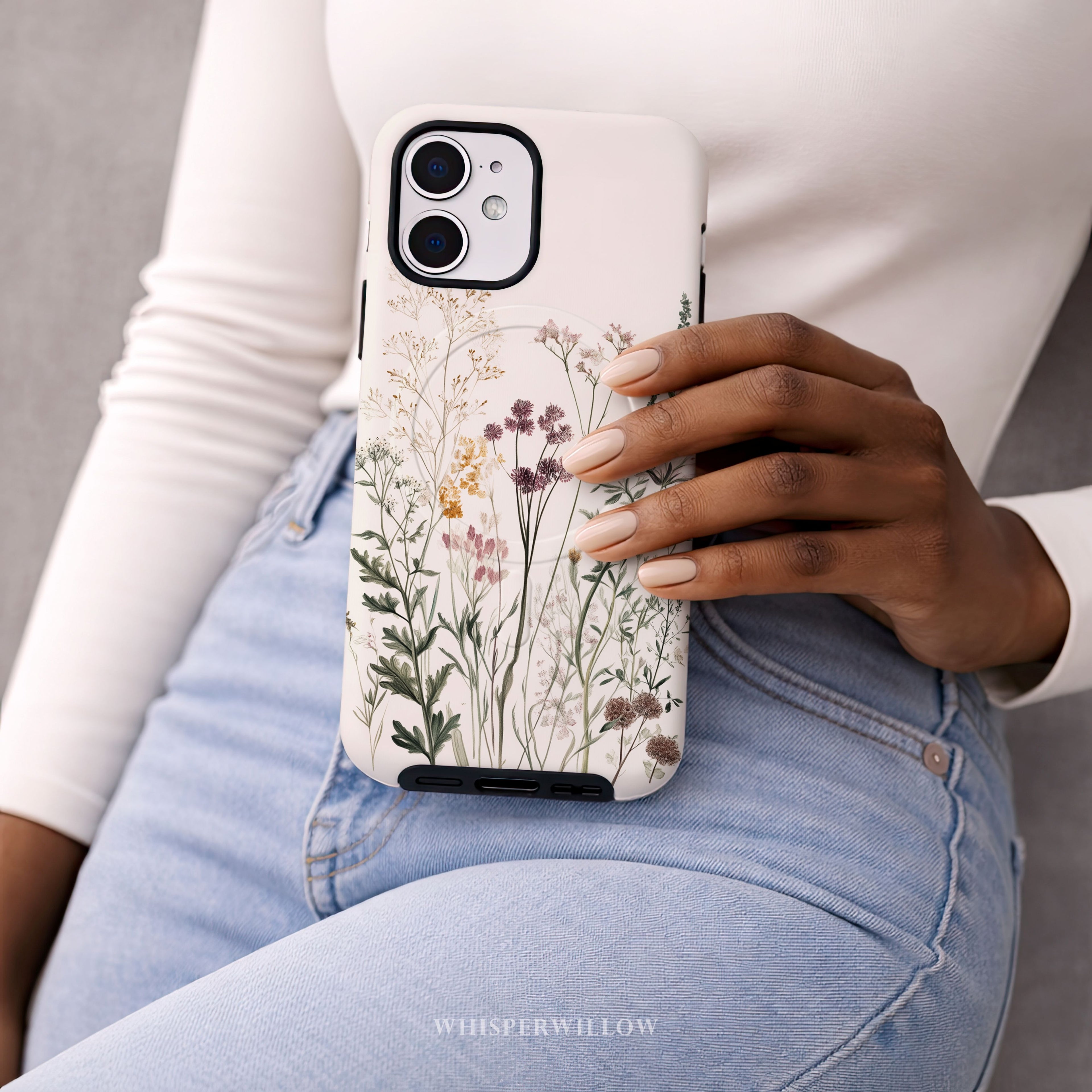Botanical Wildflower Case Magnetic Charging Compatible with iPhone | Minimalist Vintage Floral Meadow Aesthetic Soft Nature Garden