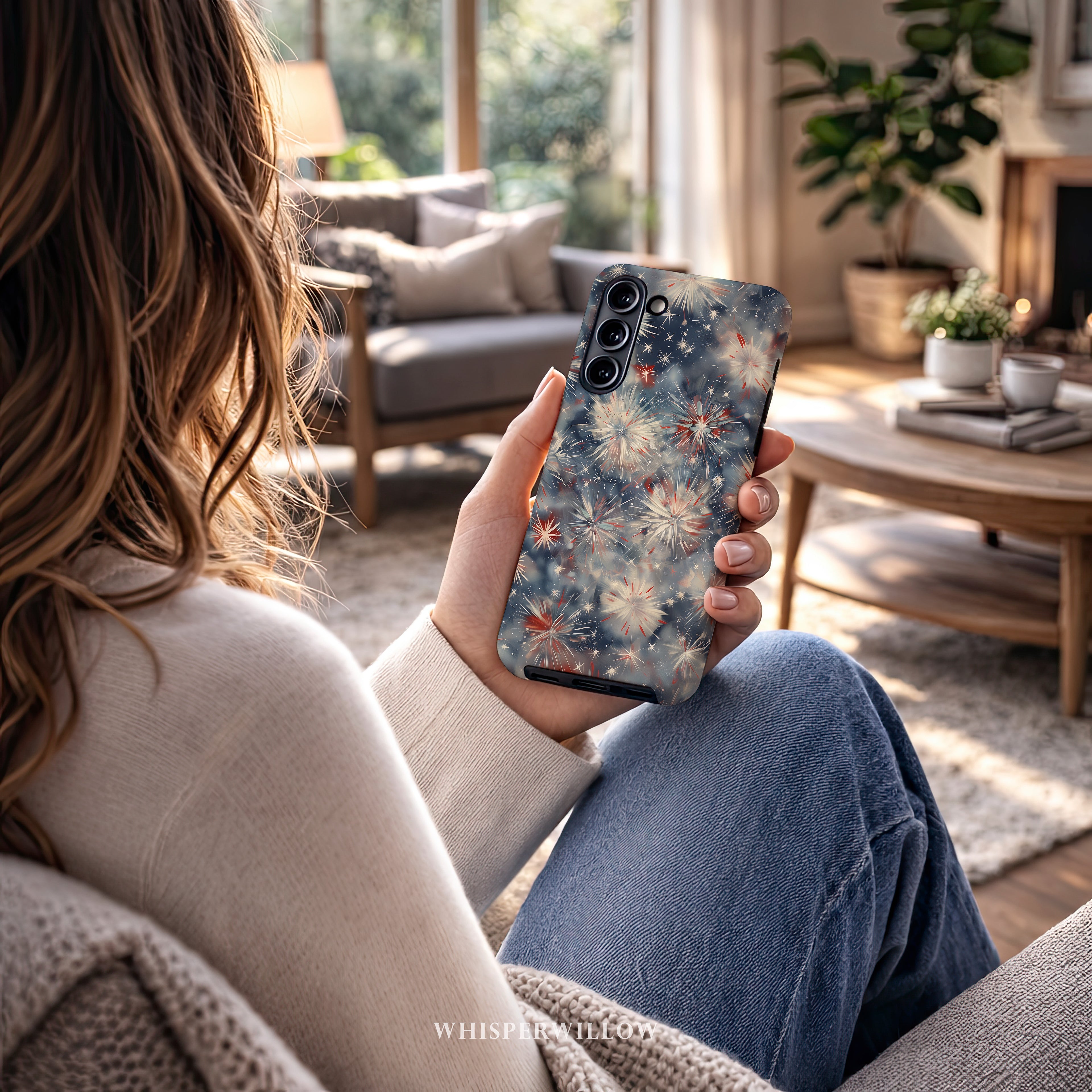 Abstract Fireworks Phone Case | Compatible with Samsung | Patriotic Red White Blue Starburst Cover