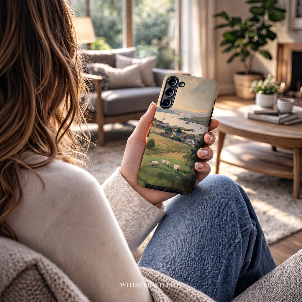 Coastal Sheep Meadow Phone Case | Samsung Compatible | Irish Harbor Village Scenic Cover