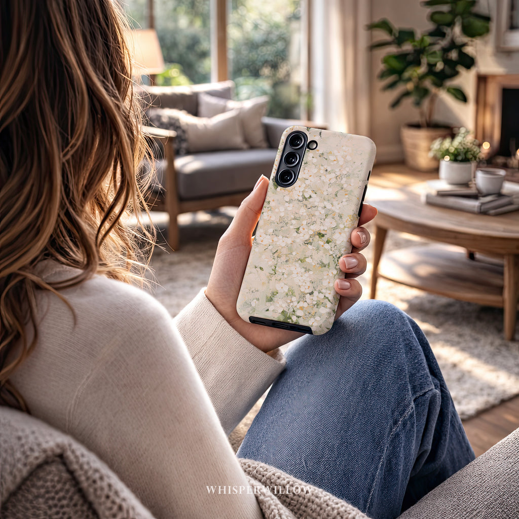 Cream White Floral Phone Case | Compatible with Samsung | Elegant Abstract Flower Art | Minimalist Aesthetic
