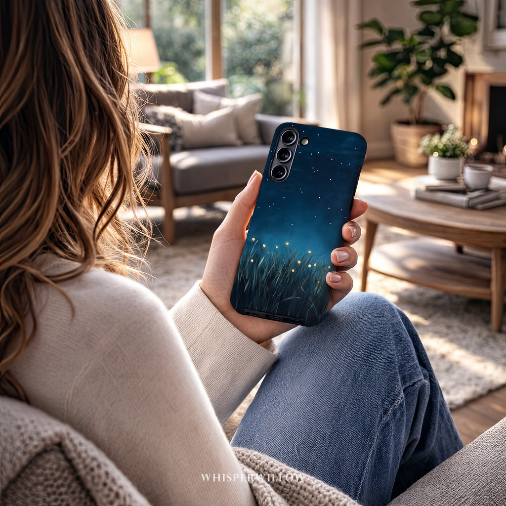 Firefly Night Sky Phone Case | Compatible with Samsung | Dual Layer Protective Cover | Dark Blue Nature Stars Lightning Bugs