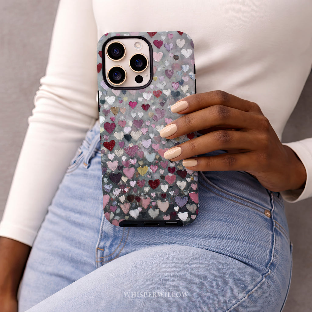 Romantic Heart Pattern Phone Case | Compatible with iPhone | Pink Red Black Grey Love Cover