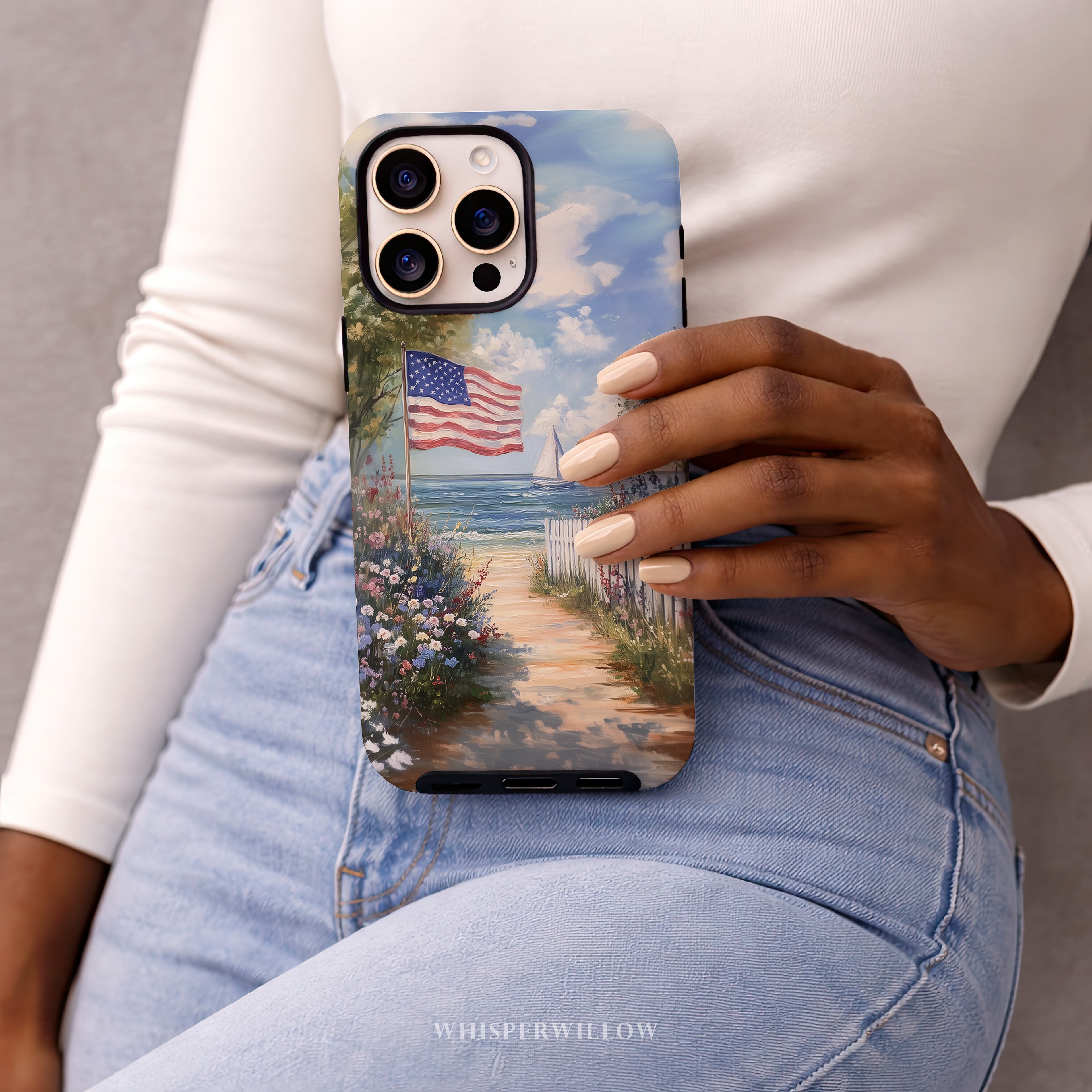 Coastal Art Phone Case | Compatible with iPhone Models | USA Flag Beach Sailboat Ocean Colorful Aesthetic