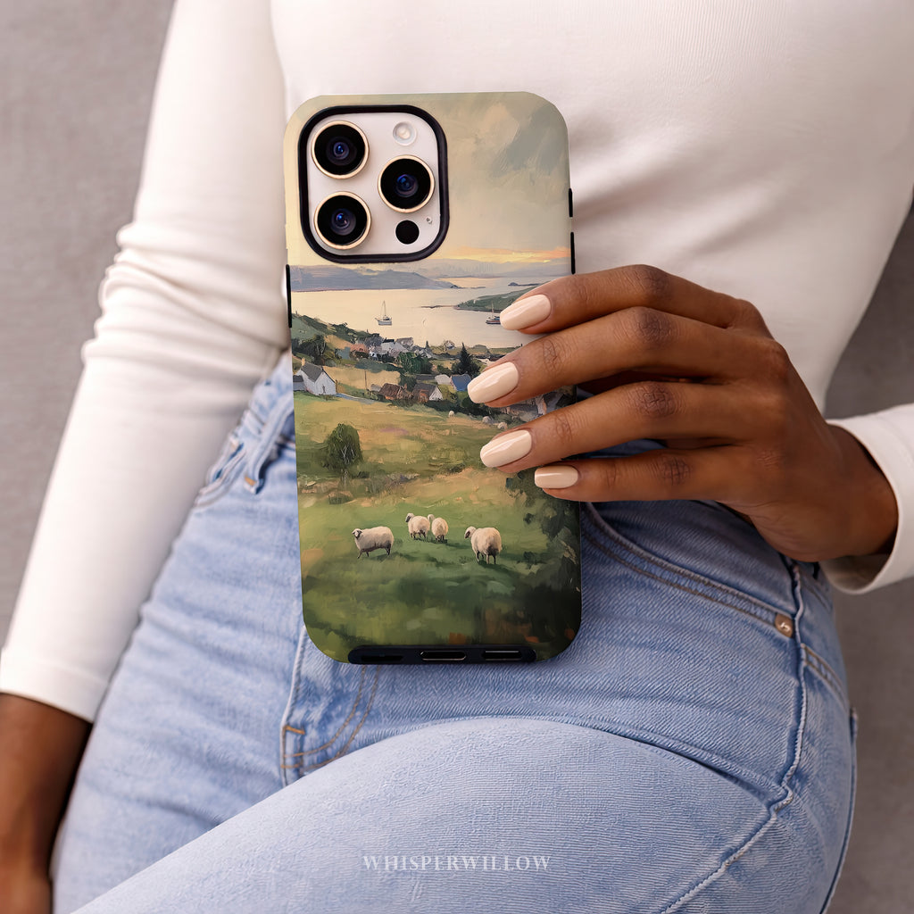 Coastal Sheep Meadow Phone Case | iPhone Compatible | Irish Harbor Village Scenic Cover
