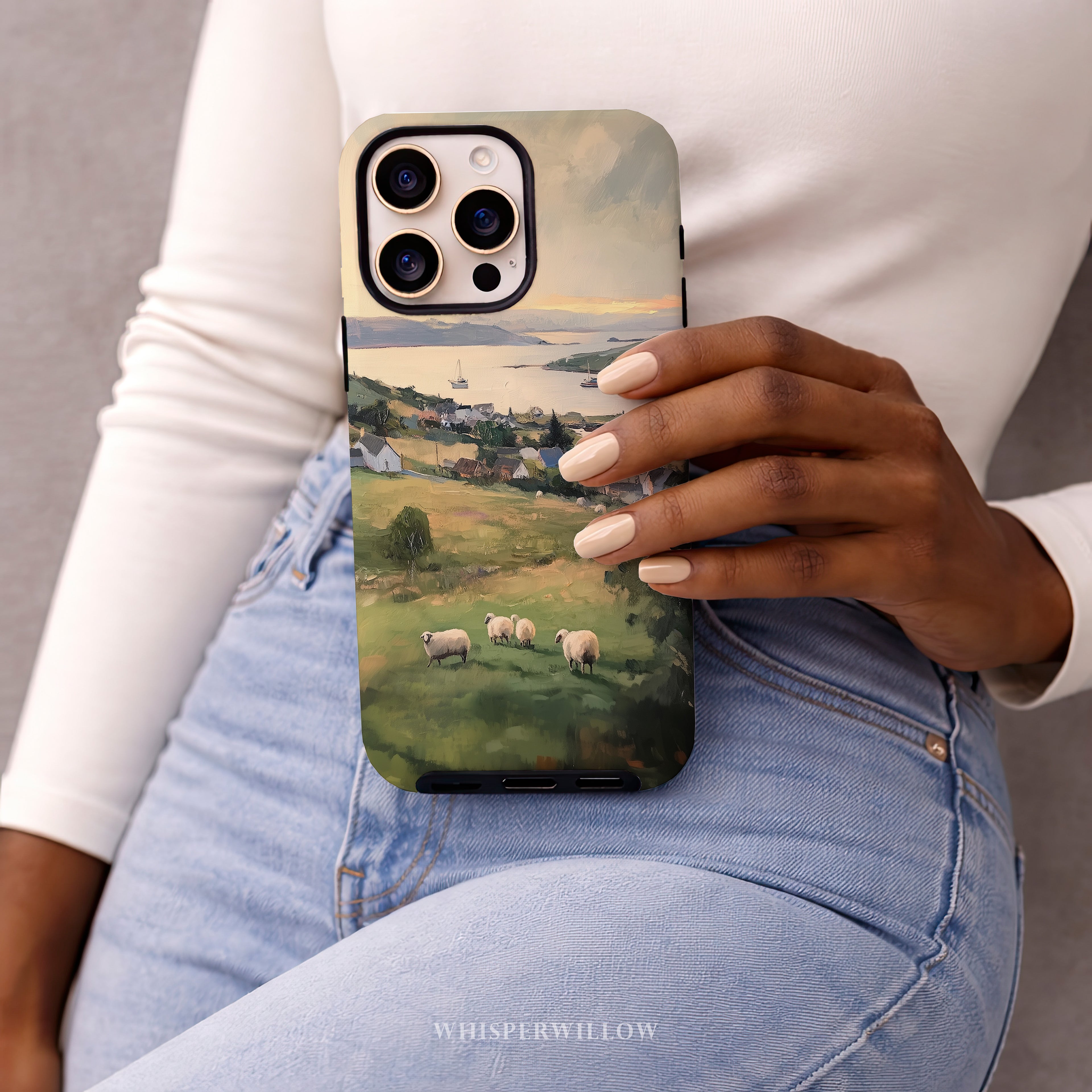 Coastal Sheep Meadow Phone Case | iPhone Compatible | Irish Harbor Village Scenic Cover