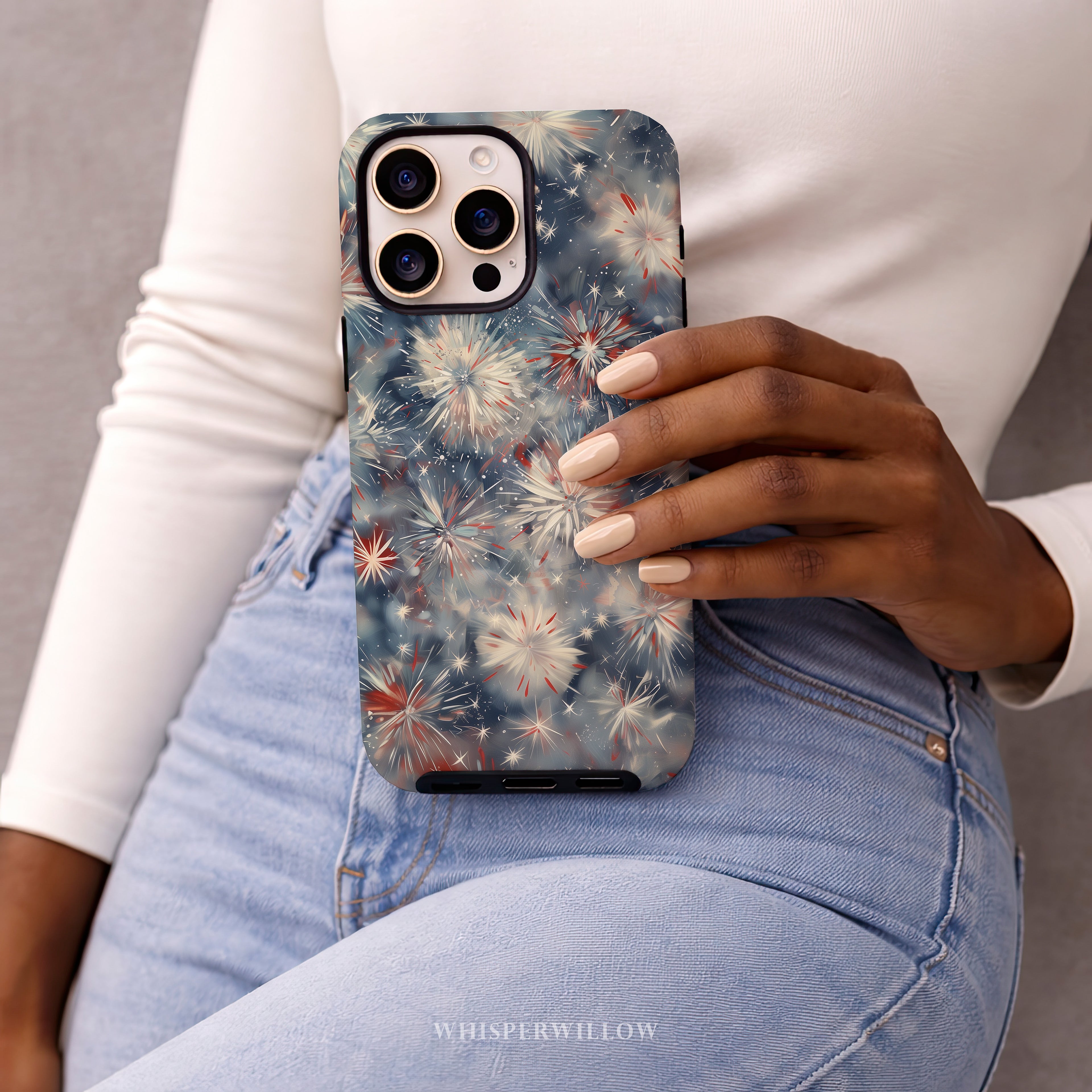 Abstract Fireworks Phone Case | Compatible with iPhone | Patriotic Red White Blue Starburst Cover