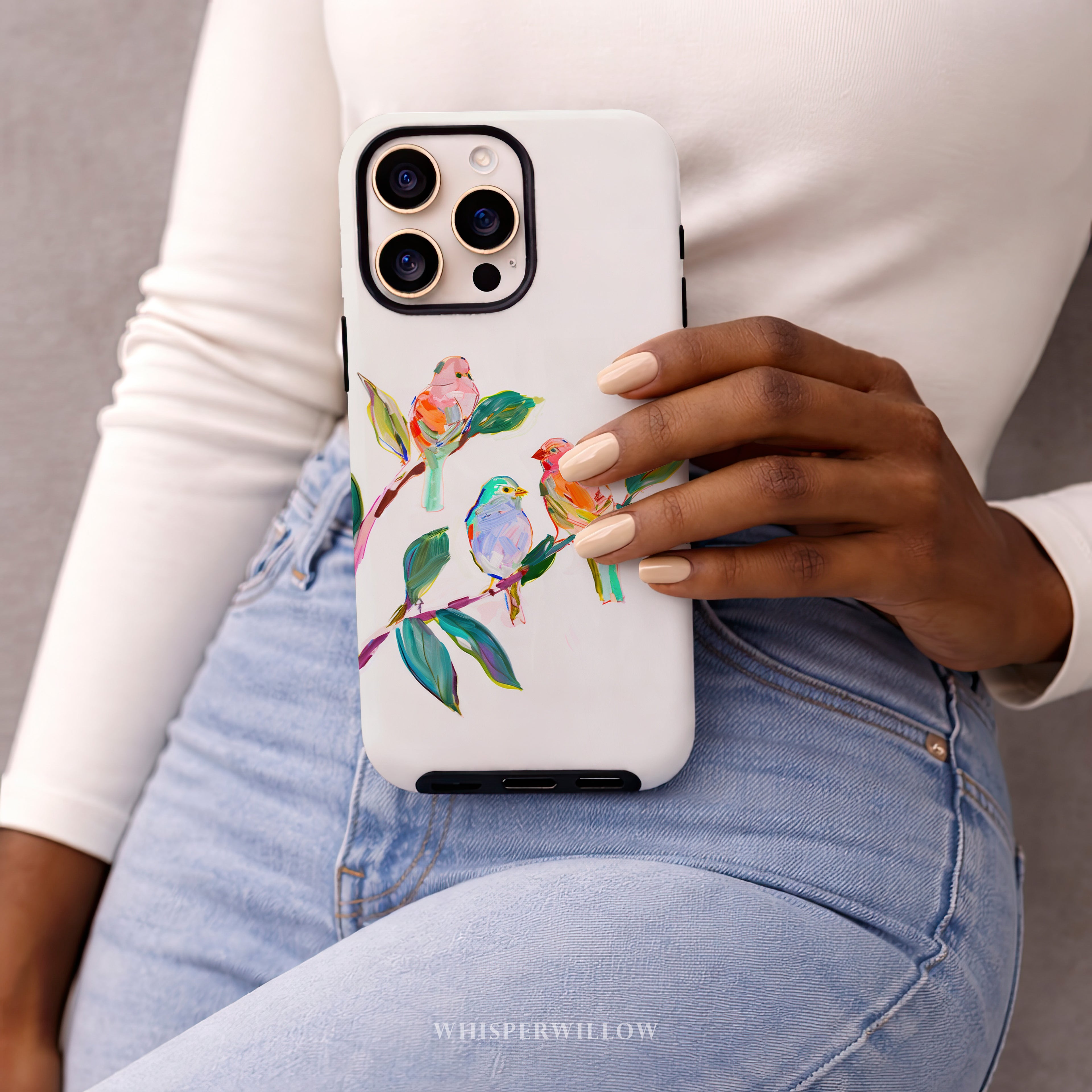 Colorful Bird Art Phone Case Compatible with iPhone | Songbird Branch Design | Cute Aesthetic Nature | Joyful Bird Lover Gift