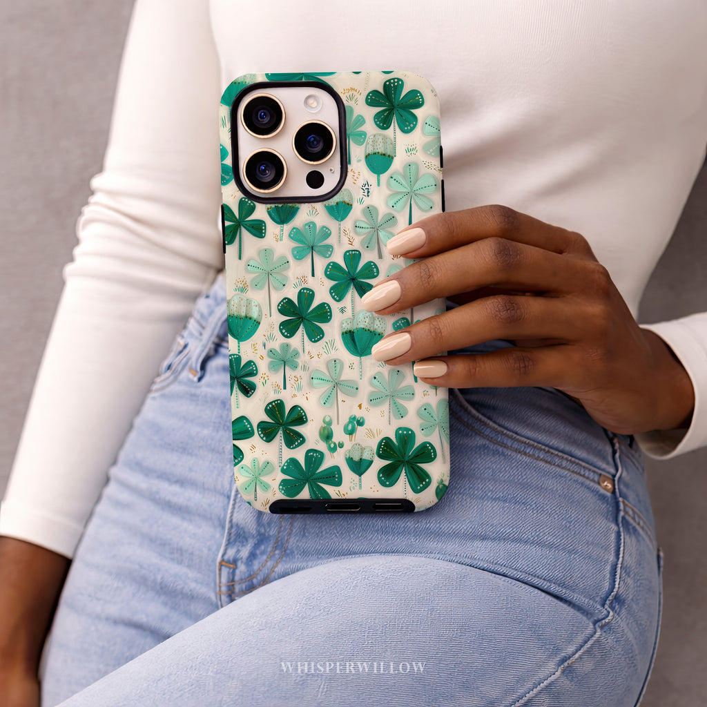 Teal Shamrock Dual Layer Phone Case | Compatible with iPhone  | Lucky Four Leaf Clover Cover