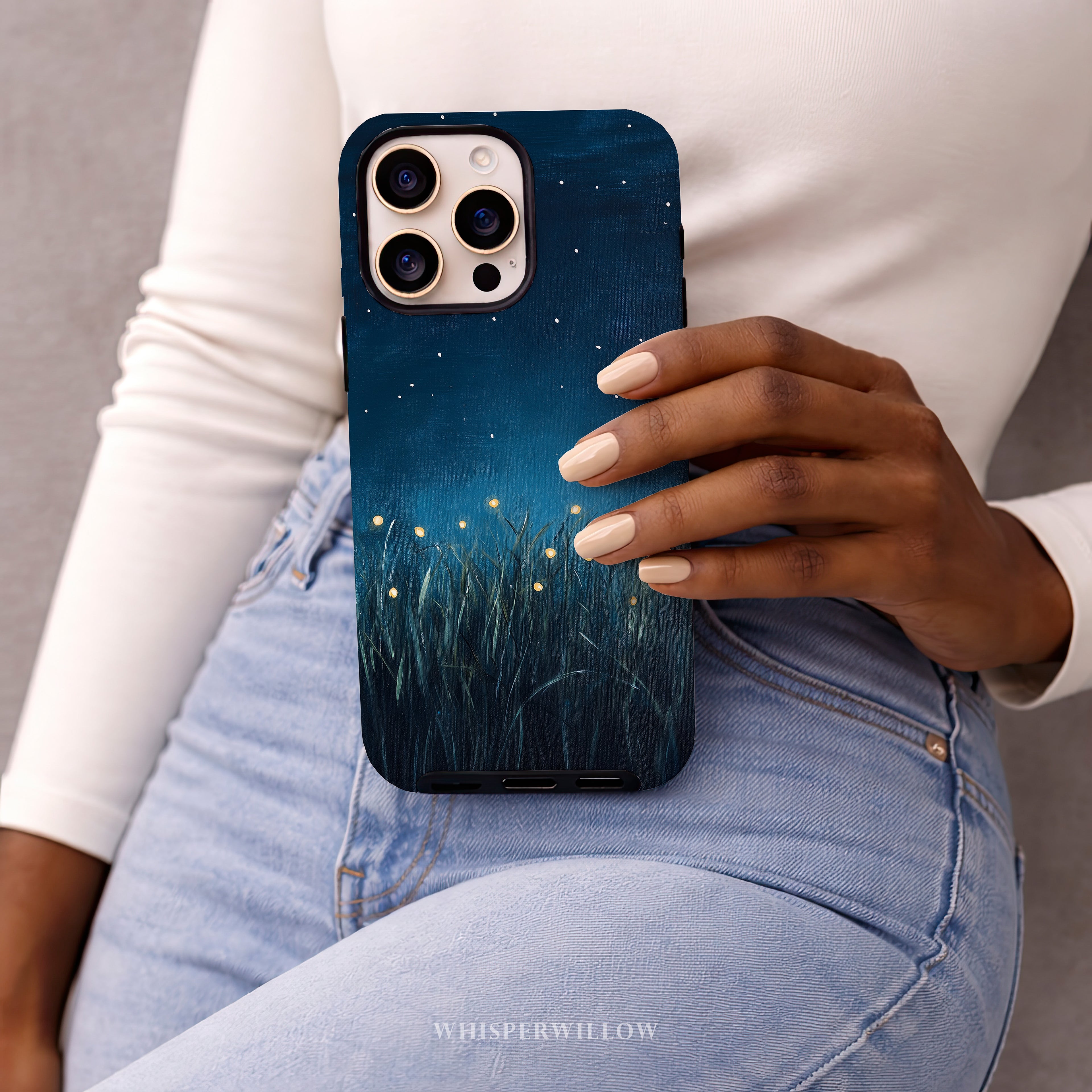 Firefly Night Sky Phone Case | Compatible with iPhone | Dual Layer Protective Cover | Dark Blue Nature Stars Lightning Bugs