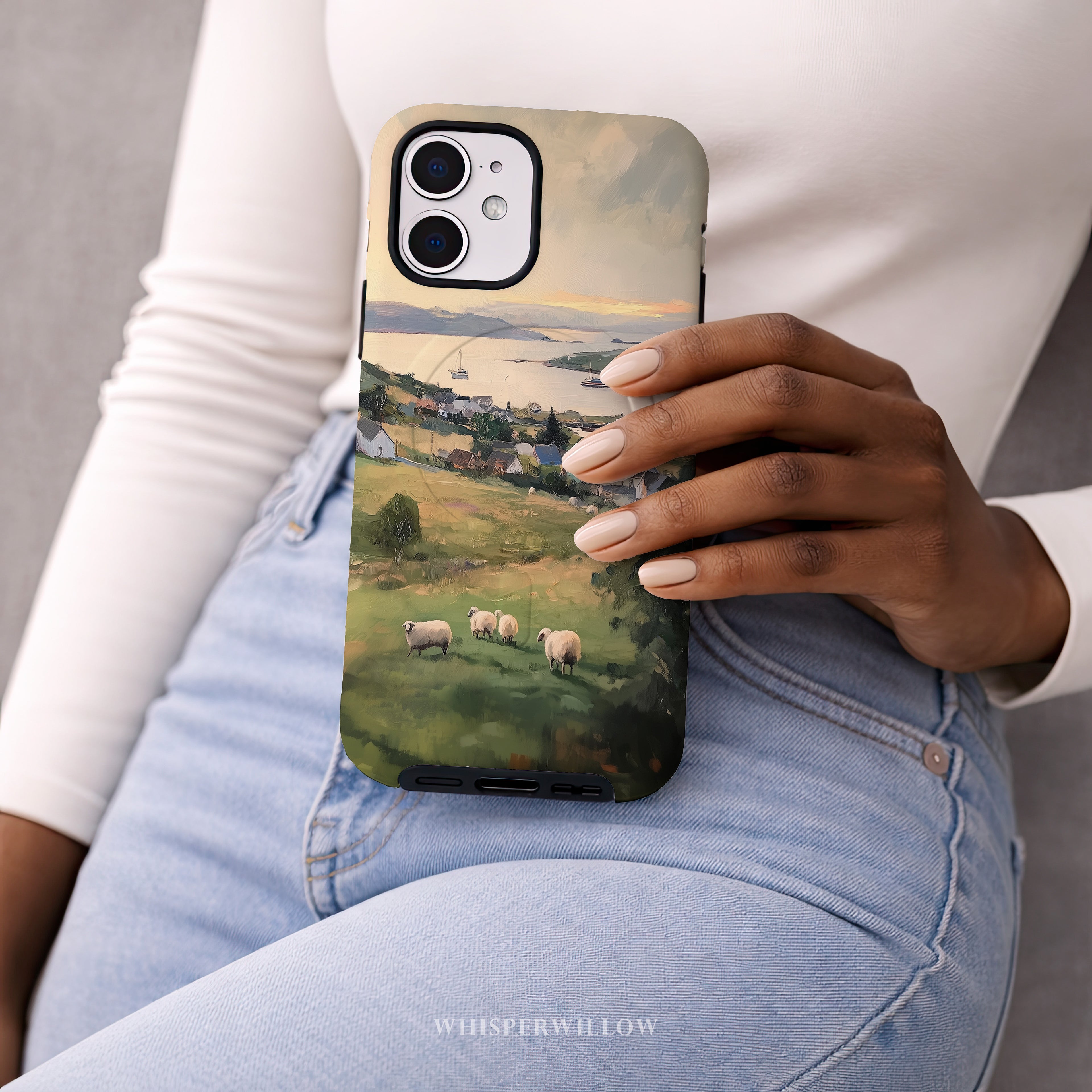 Coastal Sheep Meadow Magnetic Case | iPhone Compatible | Irish Harbor Village Scenic Cover