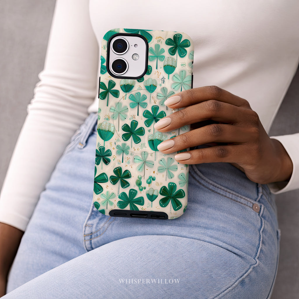 Teal Shamrock Magnetic Phone Case | Compatible with iPhone | Lucky Four Leaf Clover Cover
