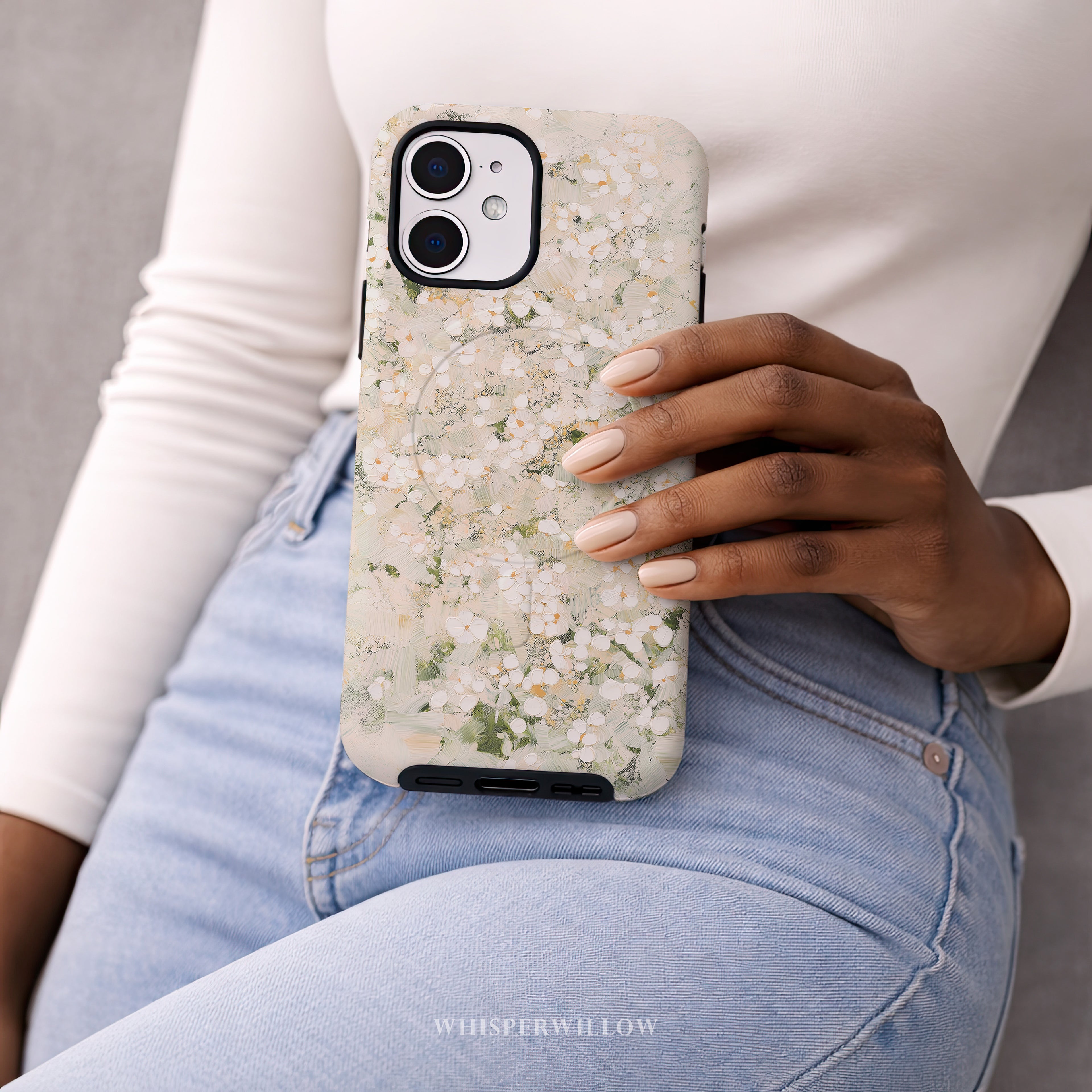 Cream Floral Phone Case | Compatible with MagSafe Magnetic Charging | Minimalist Elegant Botanical Art | Aesthetic Ivory Blossom Design