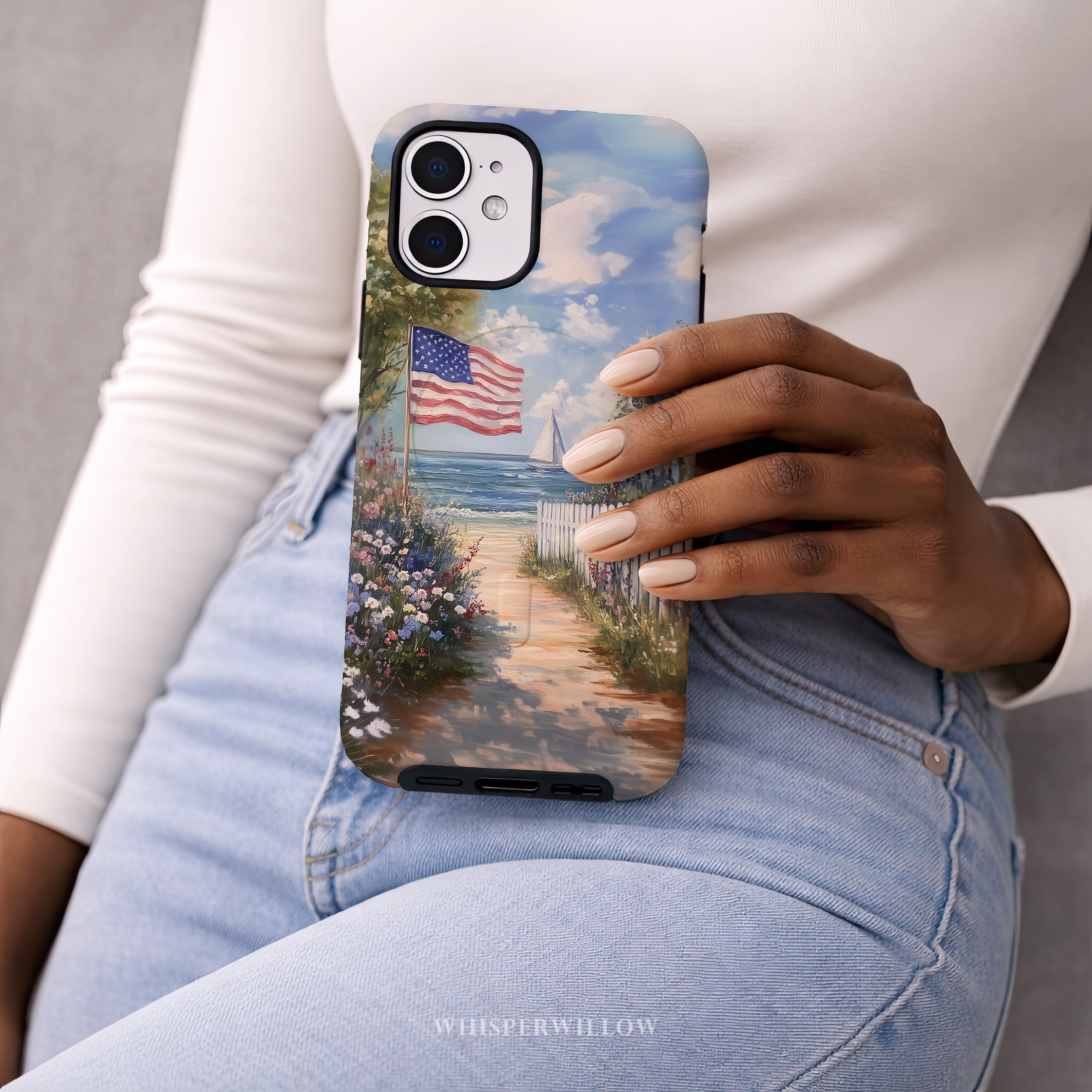 Coastal Aesthetic Phone Case | Compatible with iPhone MagSafe Charging | American Flag Beach Path Art | Patriotic Ocean Landscape
