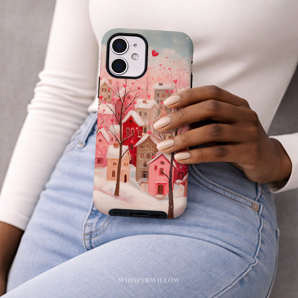 Romantic Winter Village Phone Case | Compatible with MagSafe & iPhone | Pink Heart Snow Town Aesthetic Protective Cover