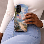Coastal Aesthetic Phone Case Compatible with Samsung | American Flag Beach Art | Patriotic Ocean Landscape | Wildflower Path Design