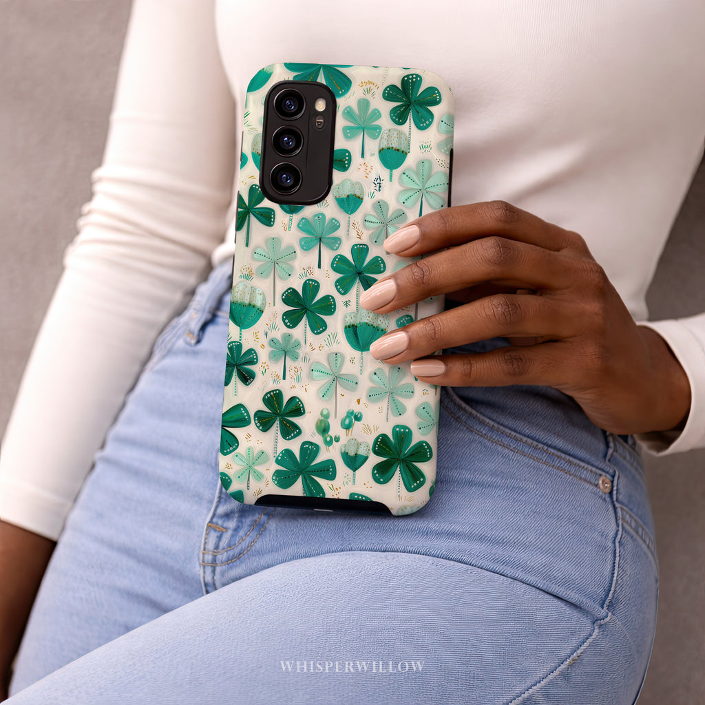 Teal Shamrock Dual Layer Phone Case | Samsung Compatible | Lucky Four Leaf Clover Cover