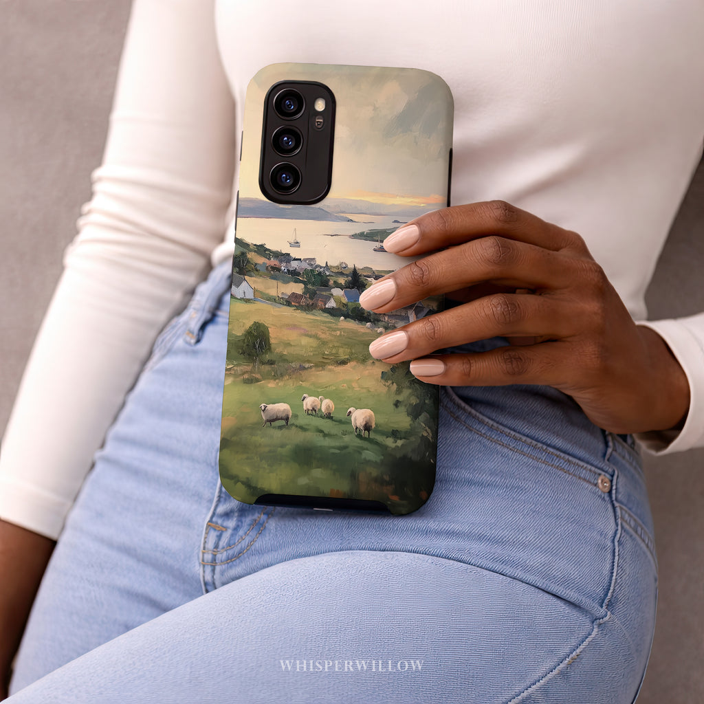 Coastal Sheep Meadow Phone Case | Samsung Compatible | Irish Harbor Village Scenic Cover