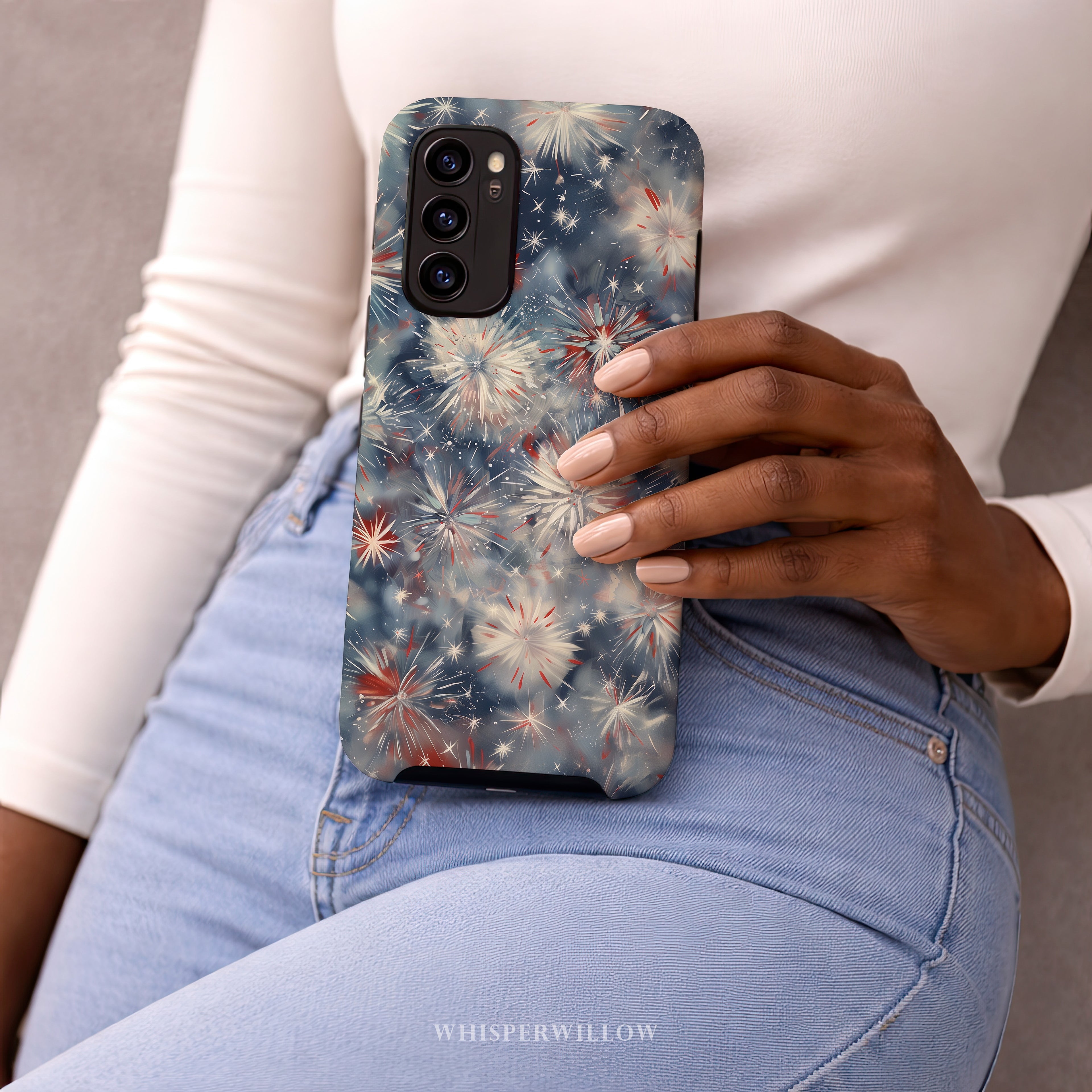 Abstract Fireworks Phone Case | Compatible with Samsung | Patriotic Red White Blue Starburst Cover
