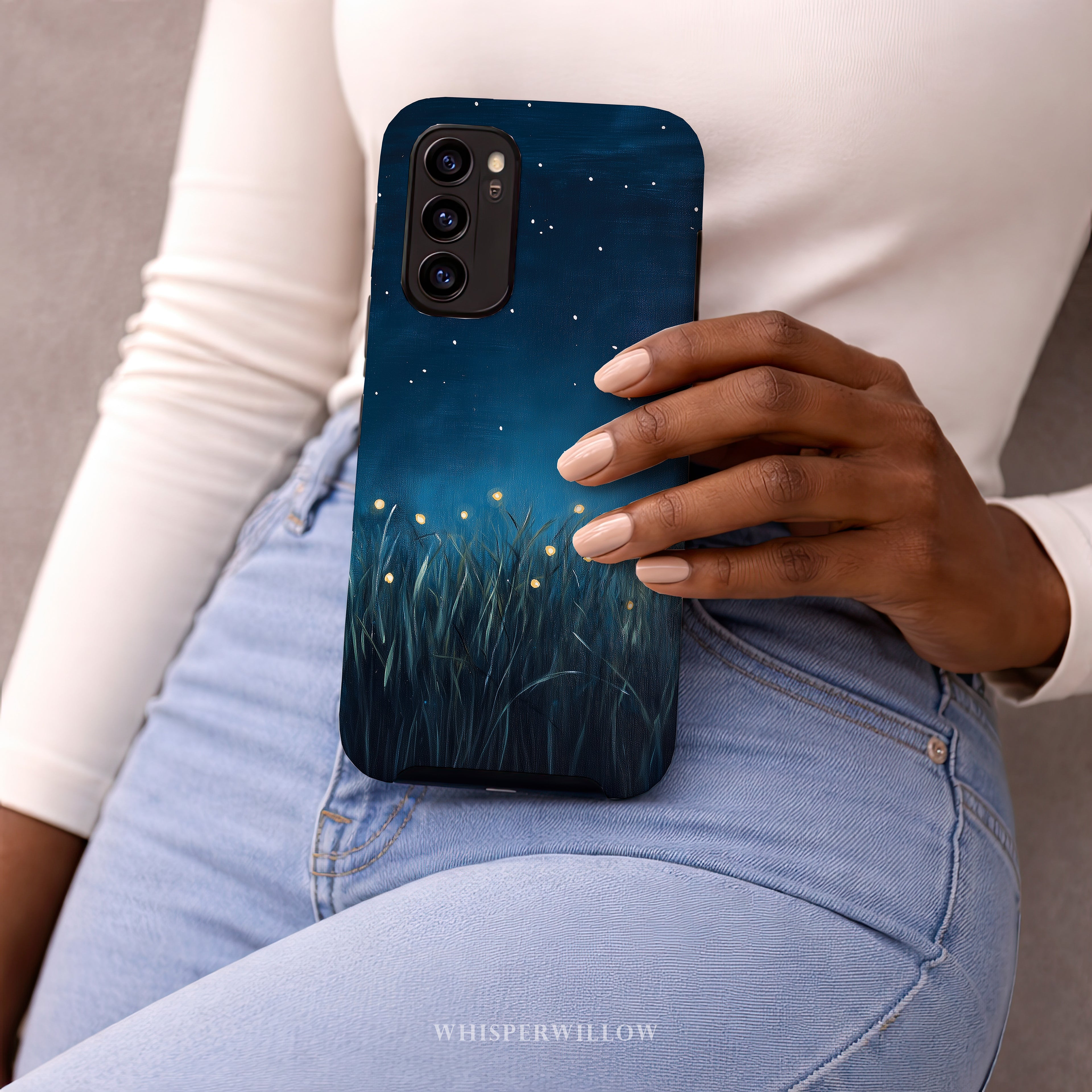 Firefly Night Sky Phone Case | Compatible with Samsung | Dual Layer Protective Cover | Dark Blue Nature Stars Lightning Bugs