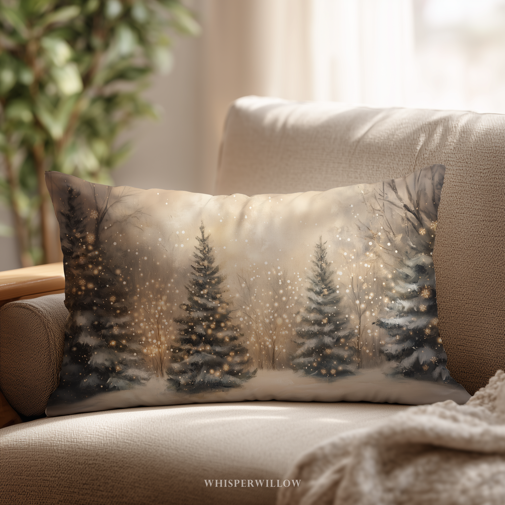 Christmas Winter Forest Throw Pillow | Snow-Covered Trees with Golden Lights | Holiday Decor Gift Cushion