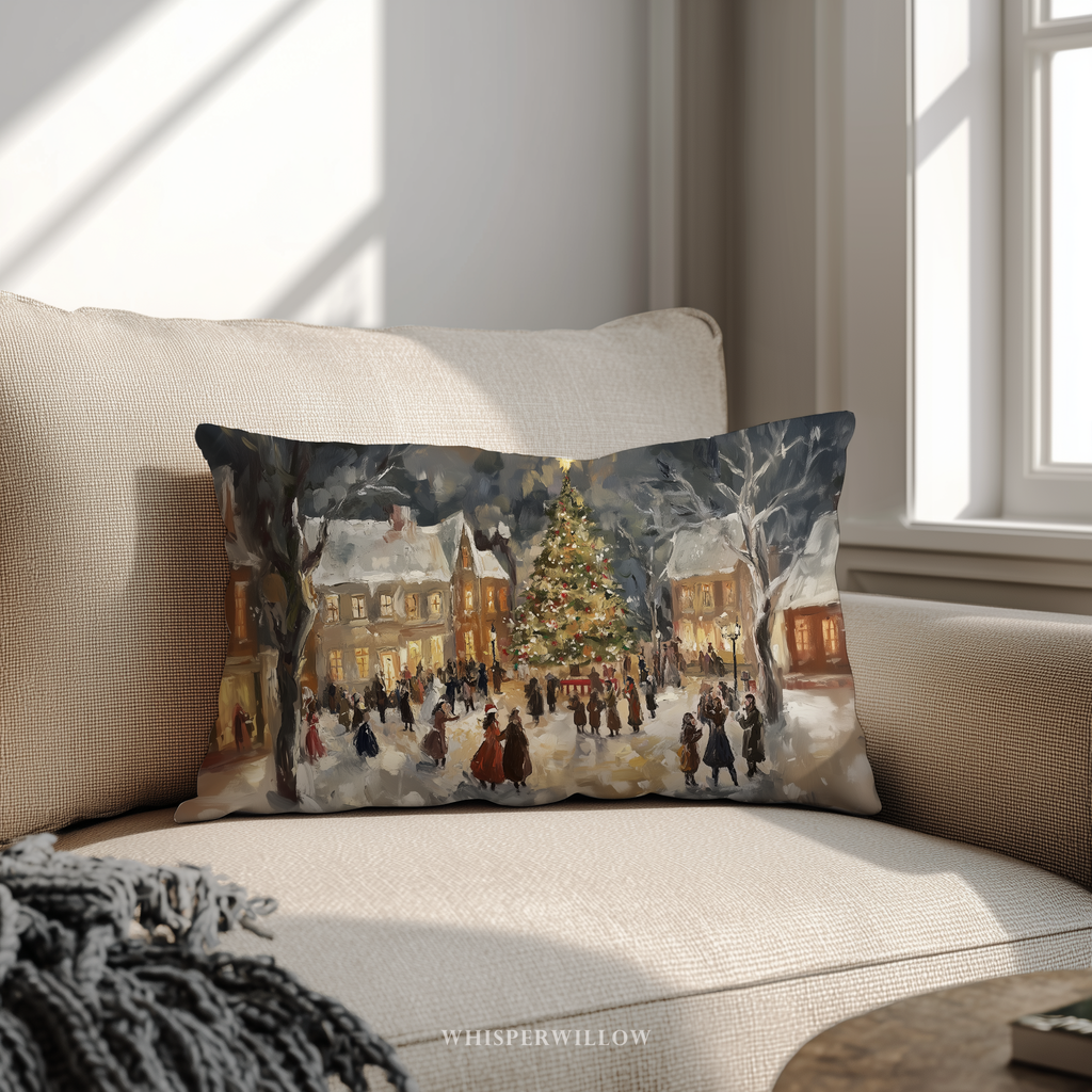Coussin décoratif vintage village de Noël | Décoration hivernale chaleureuse | Coussin cadeau de saison