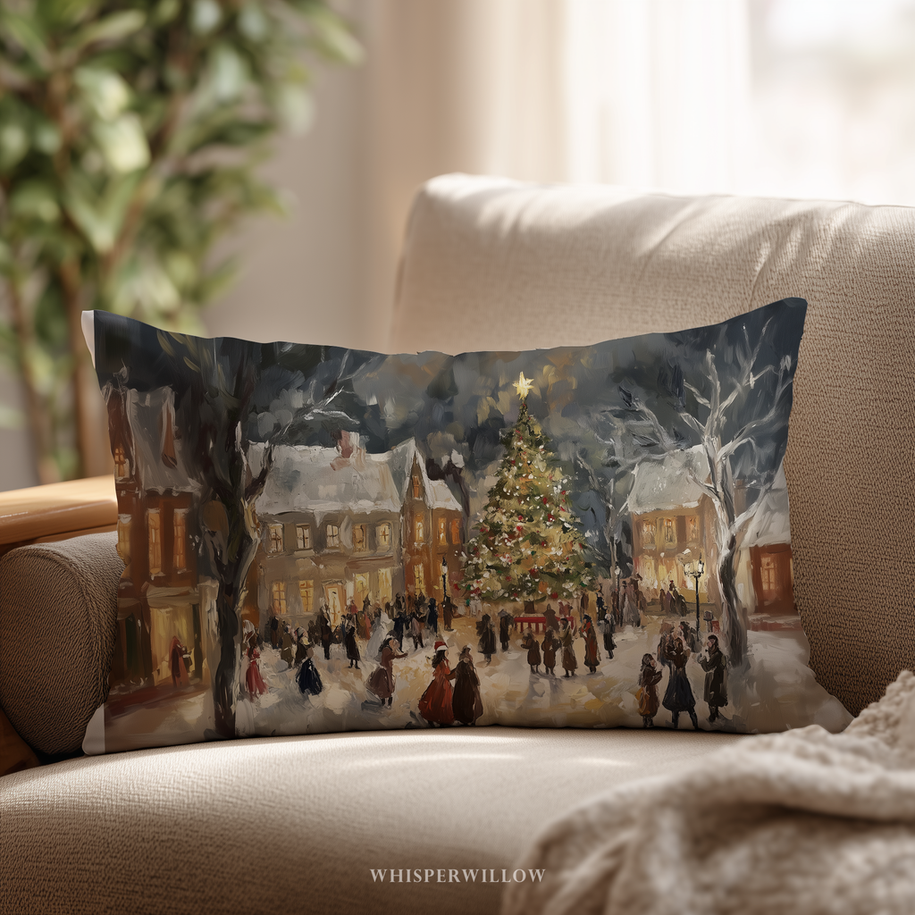 Coussin décoratif vintage village de Noël | Décoration hivernale chaleureuse | Coussin cadeau de saison