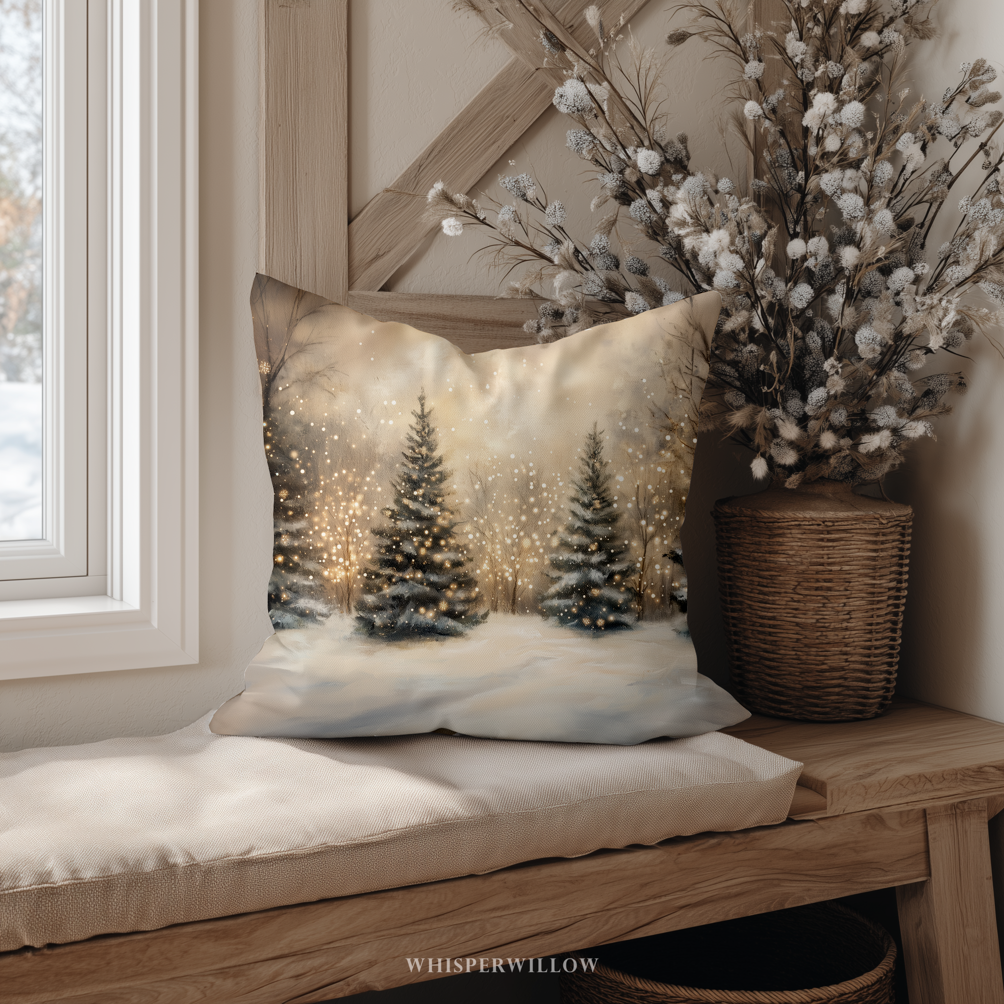 Weihnachtskissen mit Winterwaldmotiv | Schneebedeckte Bäume mit goldenen Lichtern | Geschenkkissen für die Feiertage