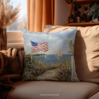 Patriotic American Flag Throw Pillow, Seaside Sailboat Wildflower Design, Independence Day Cushion, 4th of July Home Decor Gift